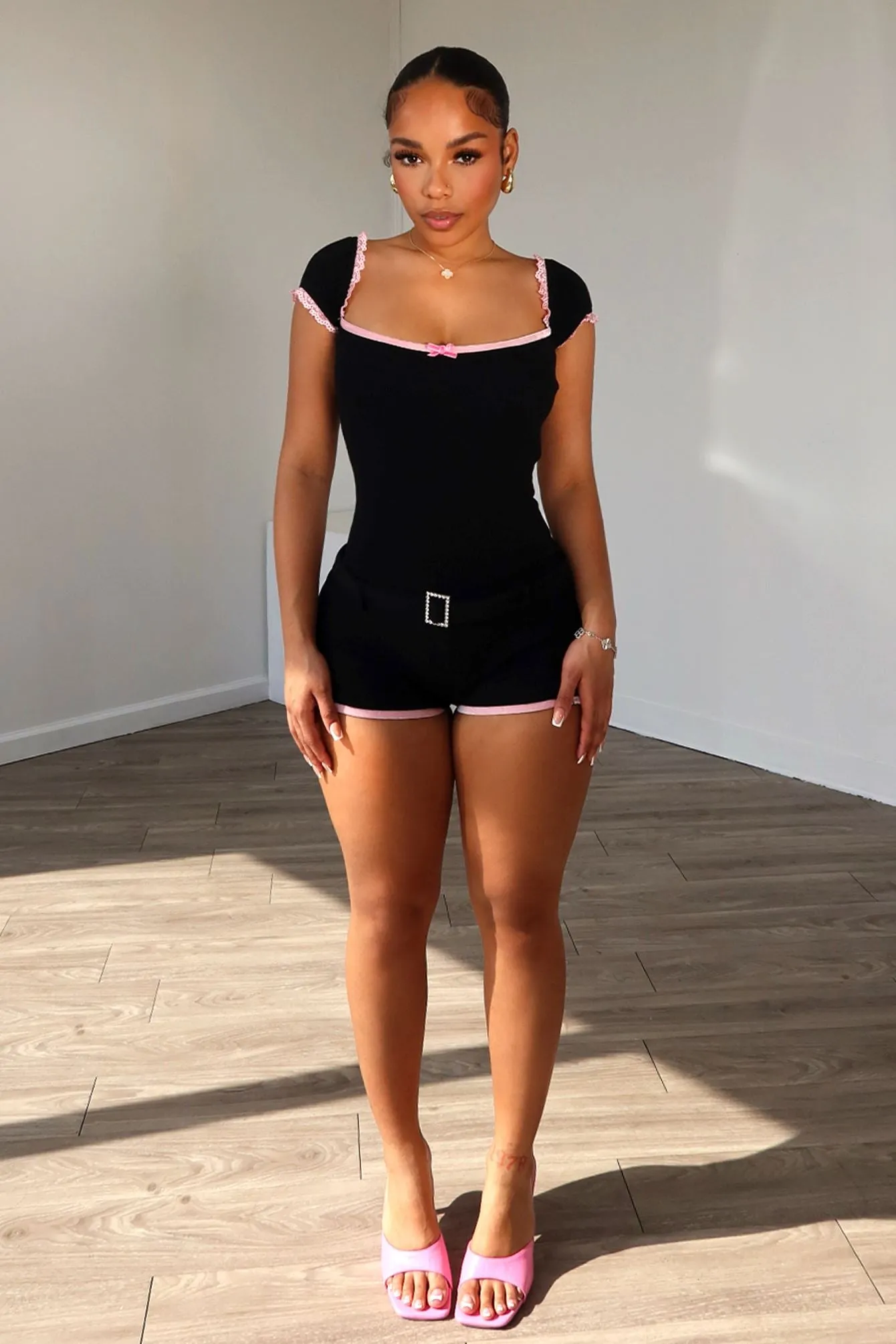 Unlock It Lace Trim Belted Romper Trendy Style