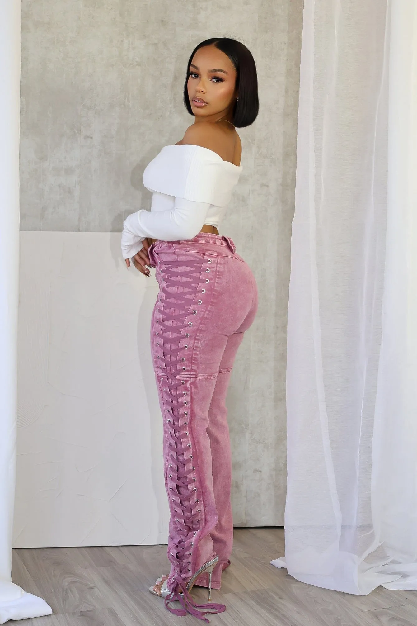 Elegant Vibrant Textured Unholy Side Lace Up Denim Jeans