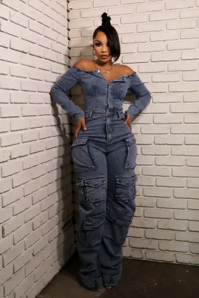 Cool Weather Comfortable Look Carla Denim Off Shoulder Cargo Jumpsuit