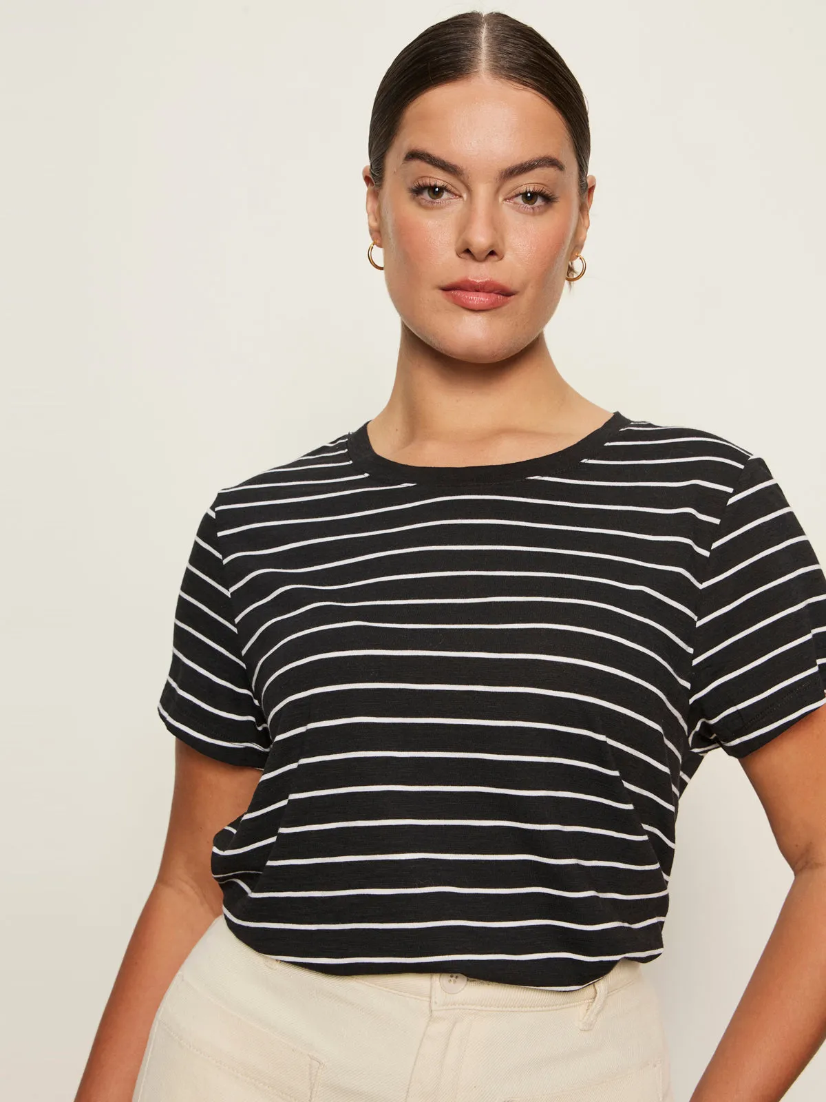 The Perfect Tee White/Black Stripe 5 Extended Sizing Versatile Design Adjustable Shoulder Straps