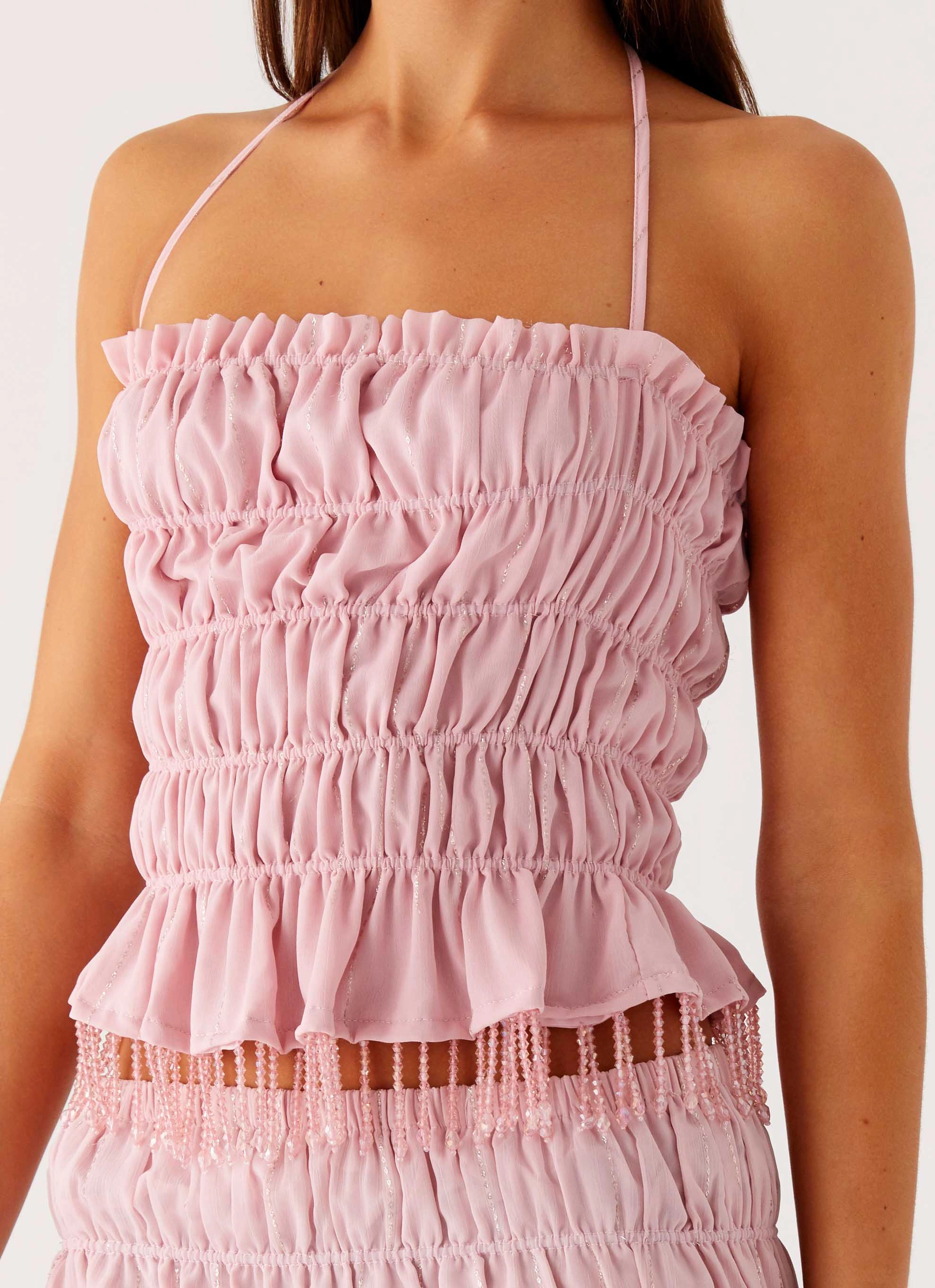 BrushedInnerSurface Fitted Tank Shari Beaded Halter Top - Pink