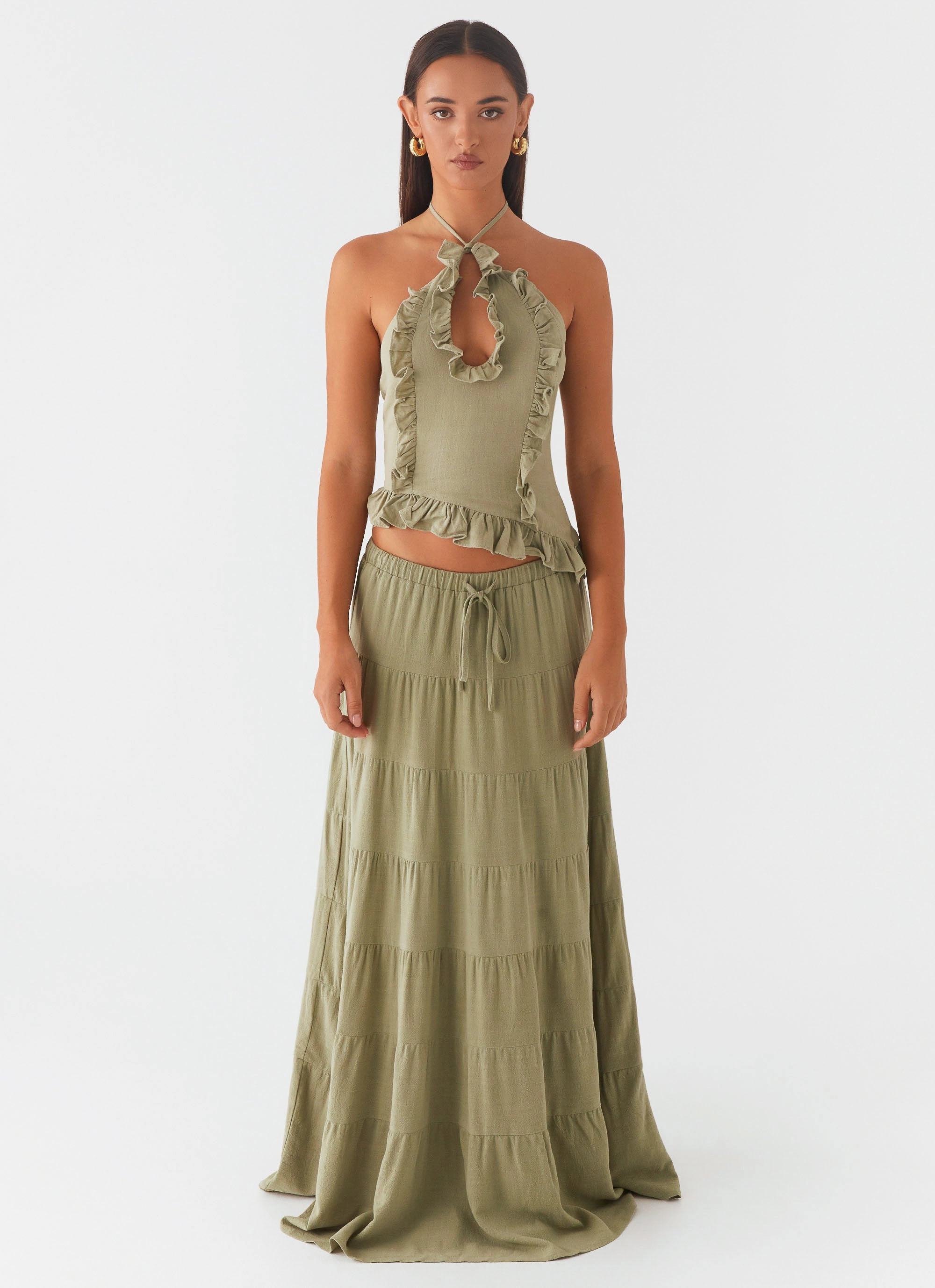 Mariella Linen Maxi Skirt - Sage Chill Vibe Subtle Look