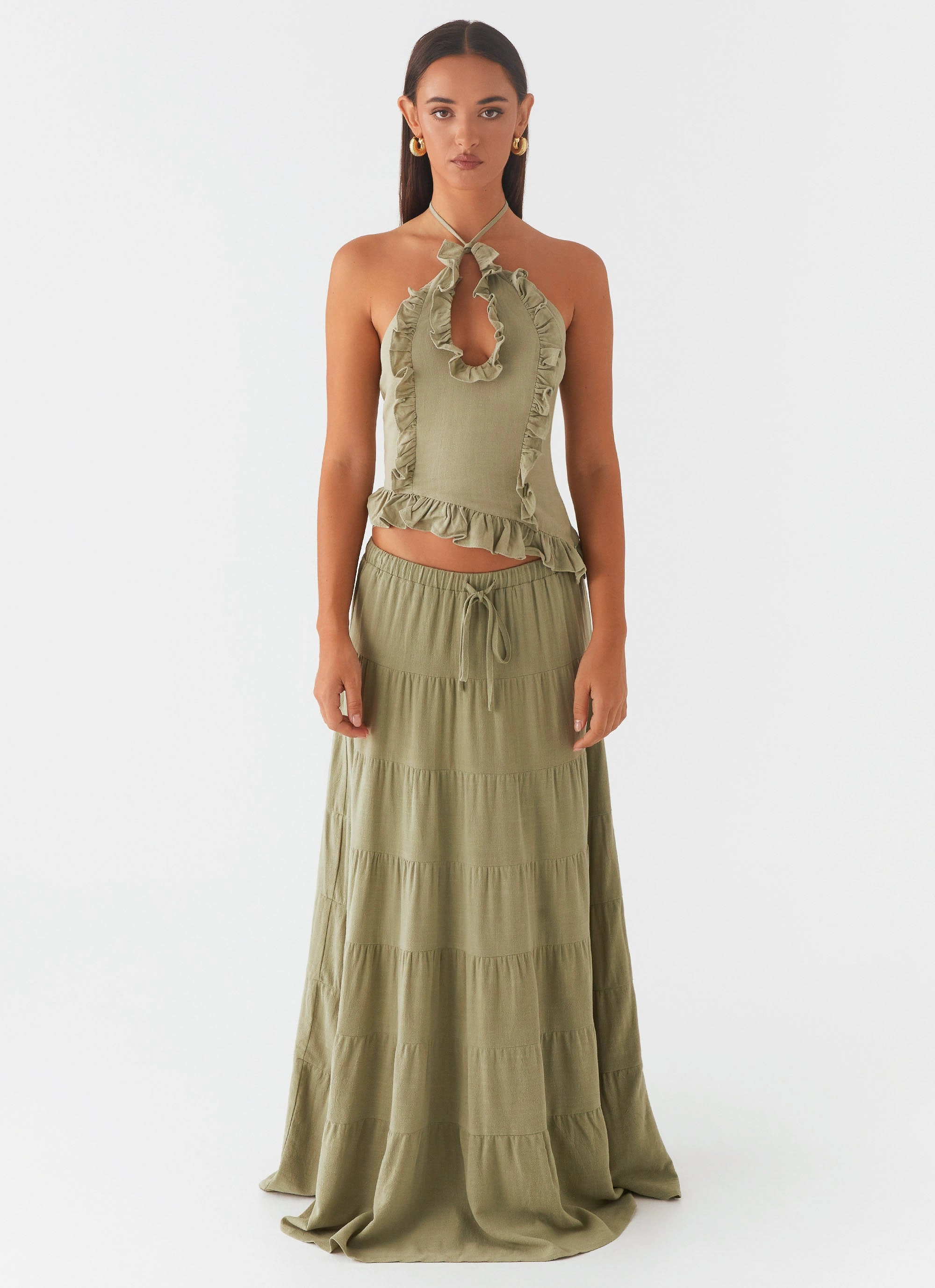 Autumn Stroll Simple Style Mariella Linen Maxi Skirt - Sage