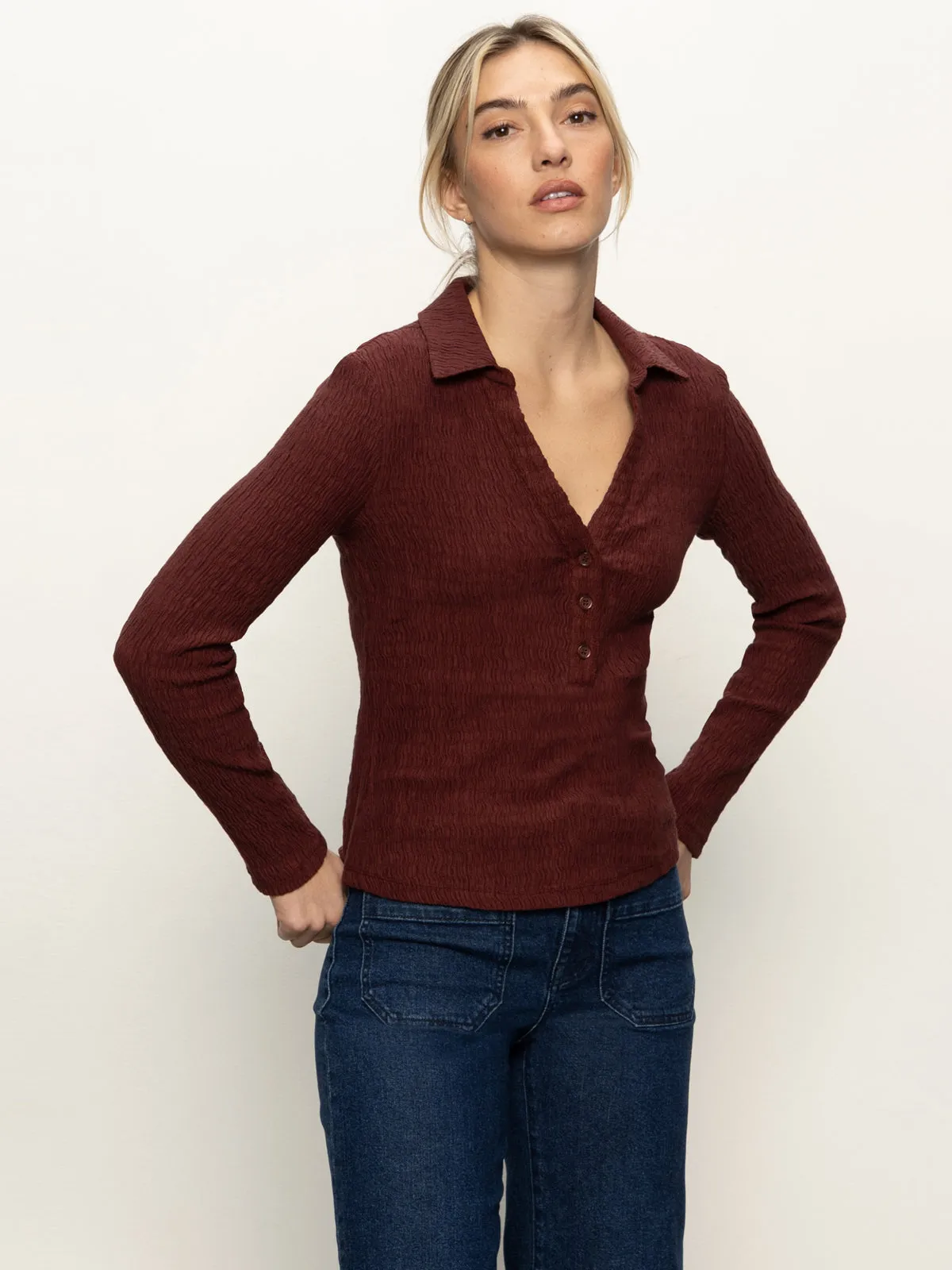 Ribbed Trim Details Long Sleeve Textured Top Chicory