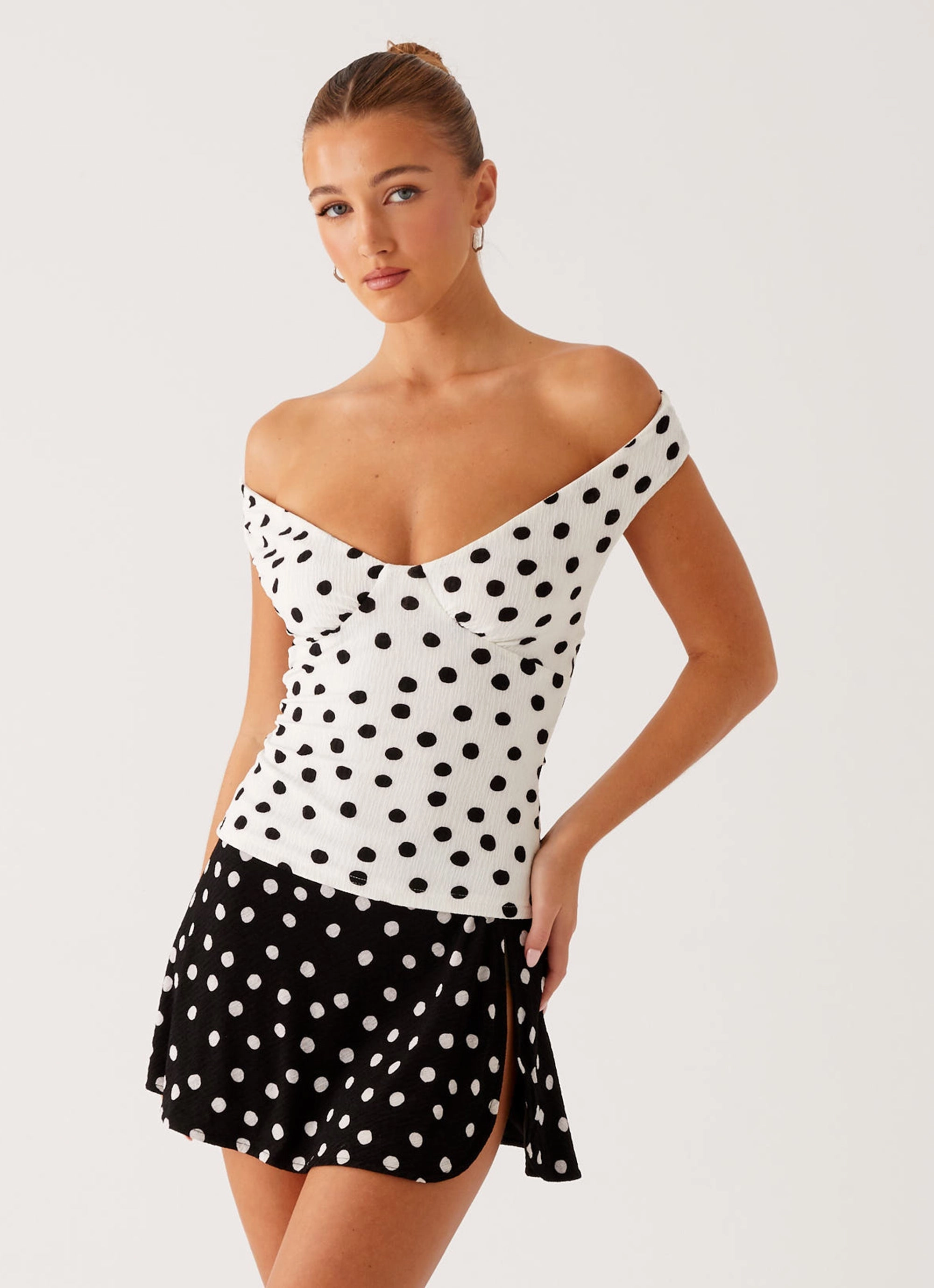 Rylie Top - White Polka Dot Adjustable Hem Toggles Odor Resistant