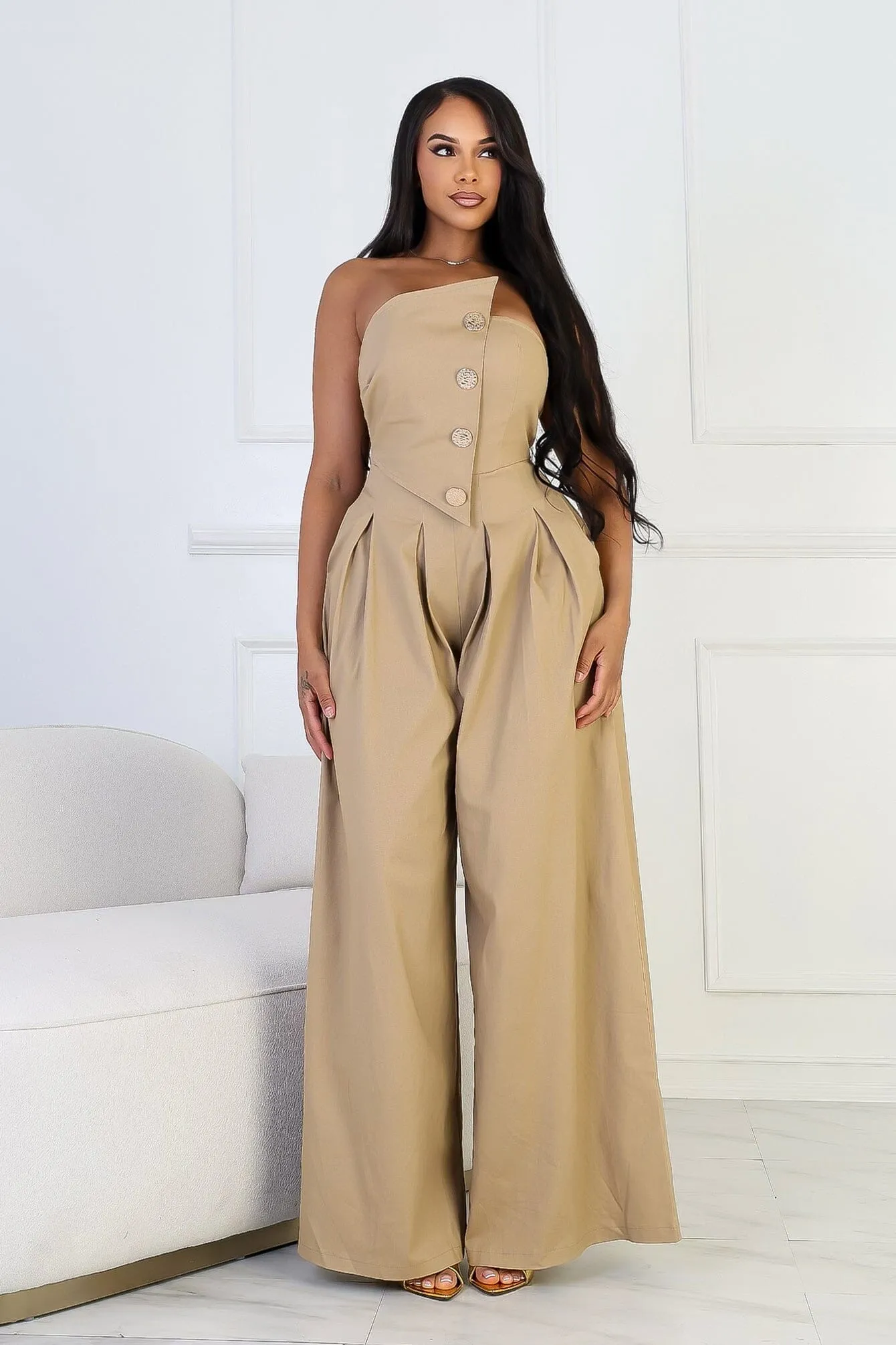 Street Style Tailored Cotton Twill Tube Top Jumpsuit