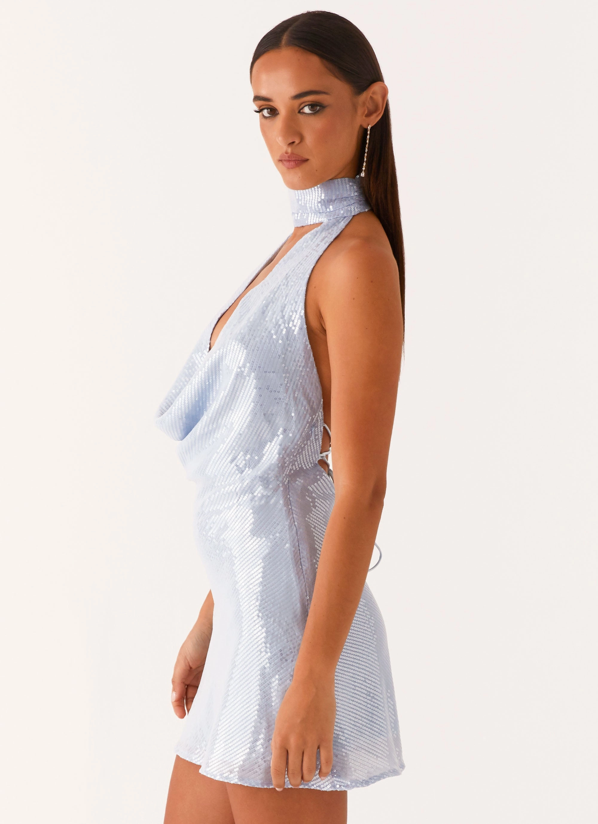 Nora Sequin Cowl Neck Mini Dress - Blue Street Edge Geometric Print