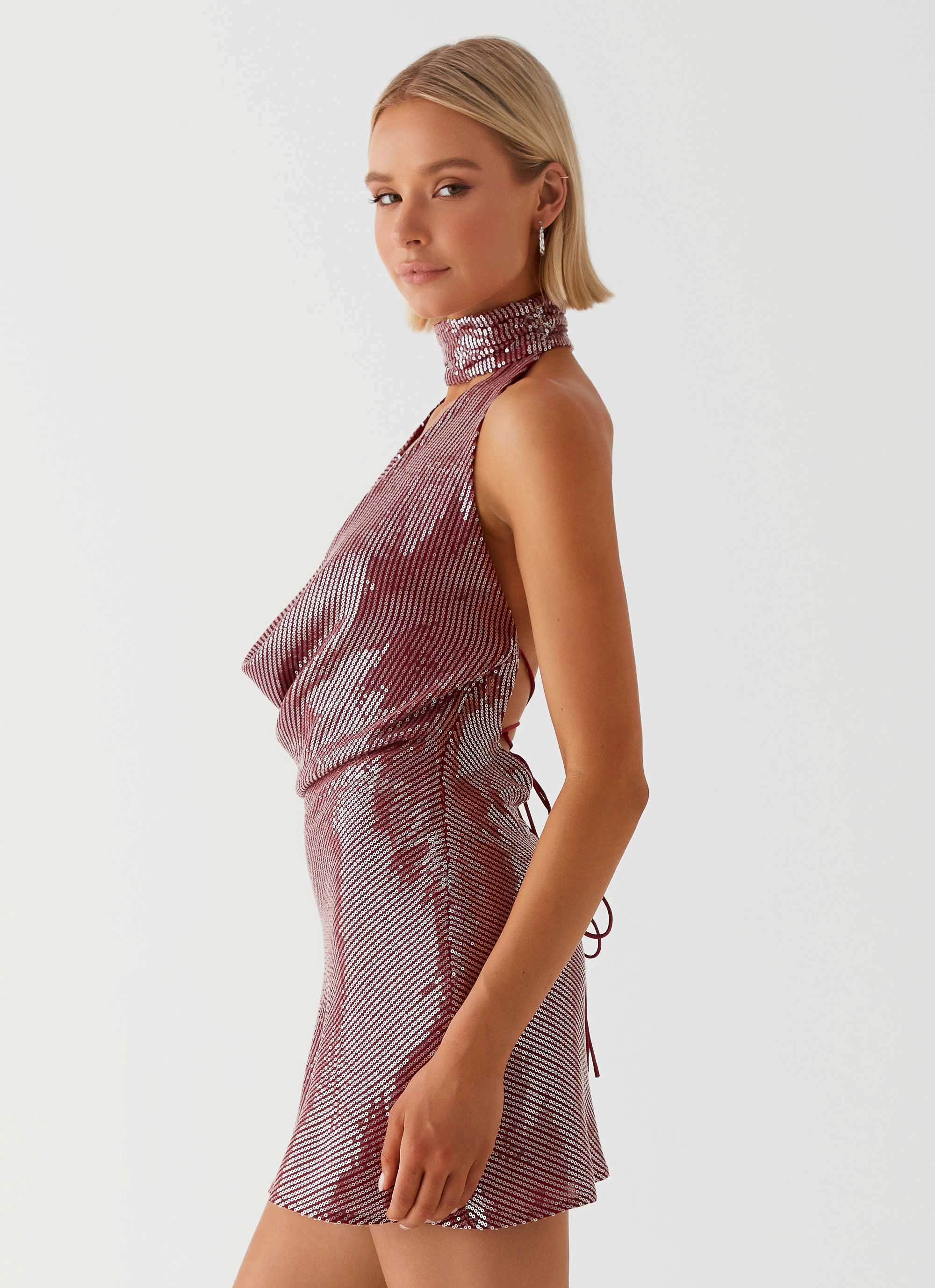 Lightweight Lining Nora Sequin Cowl Neck Mini Dress - Red