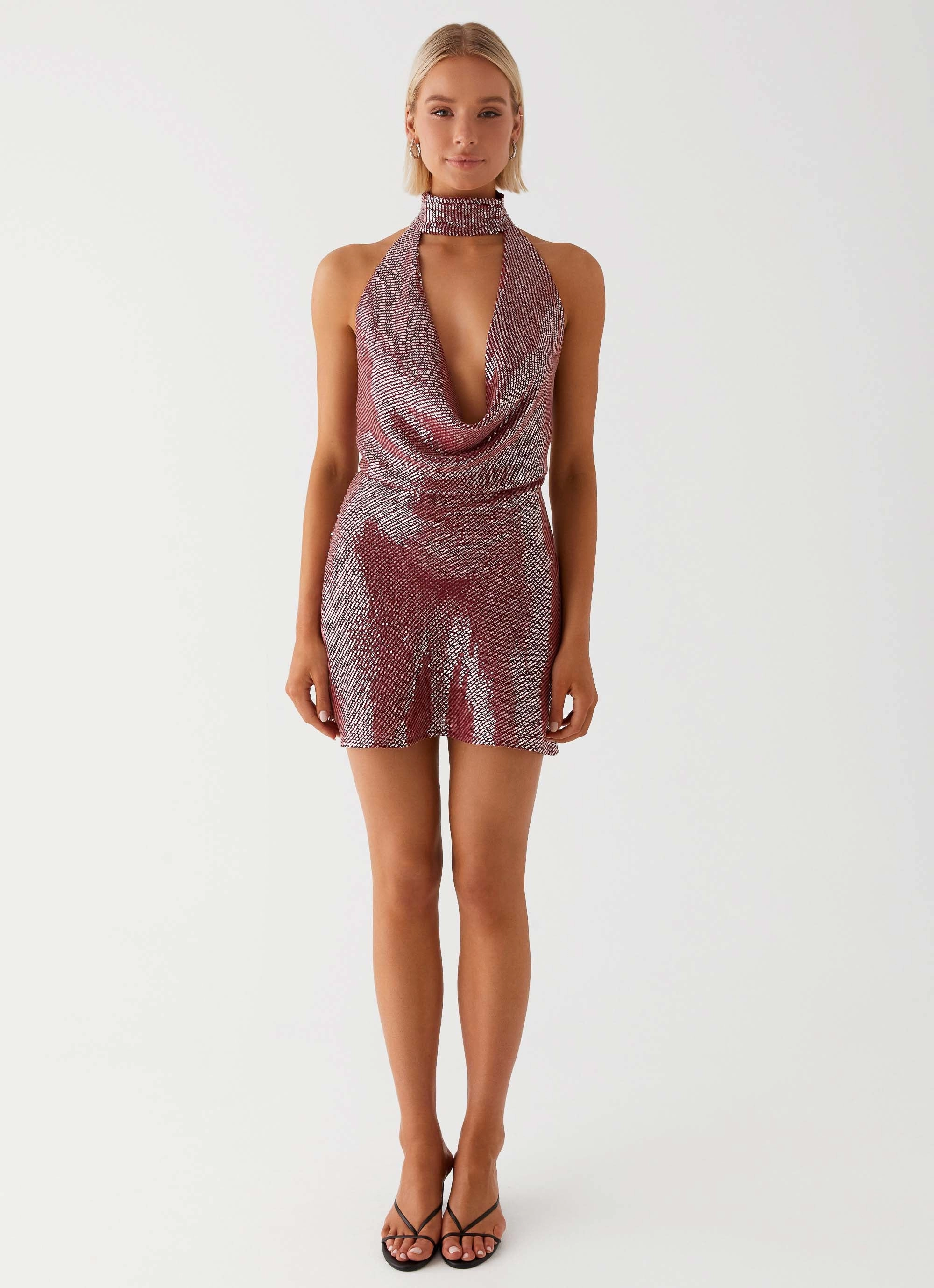 Nora Sequin Cowl Neck Mini Dress - Red Neutral Tones Minimal Vibes