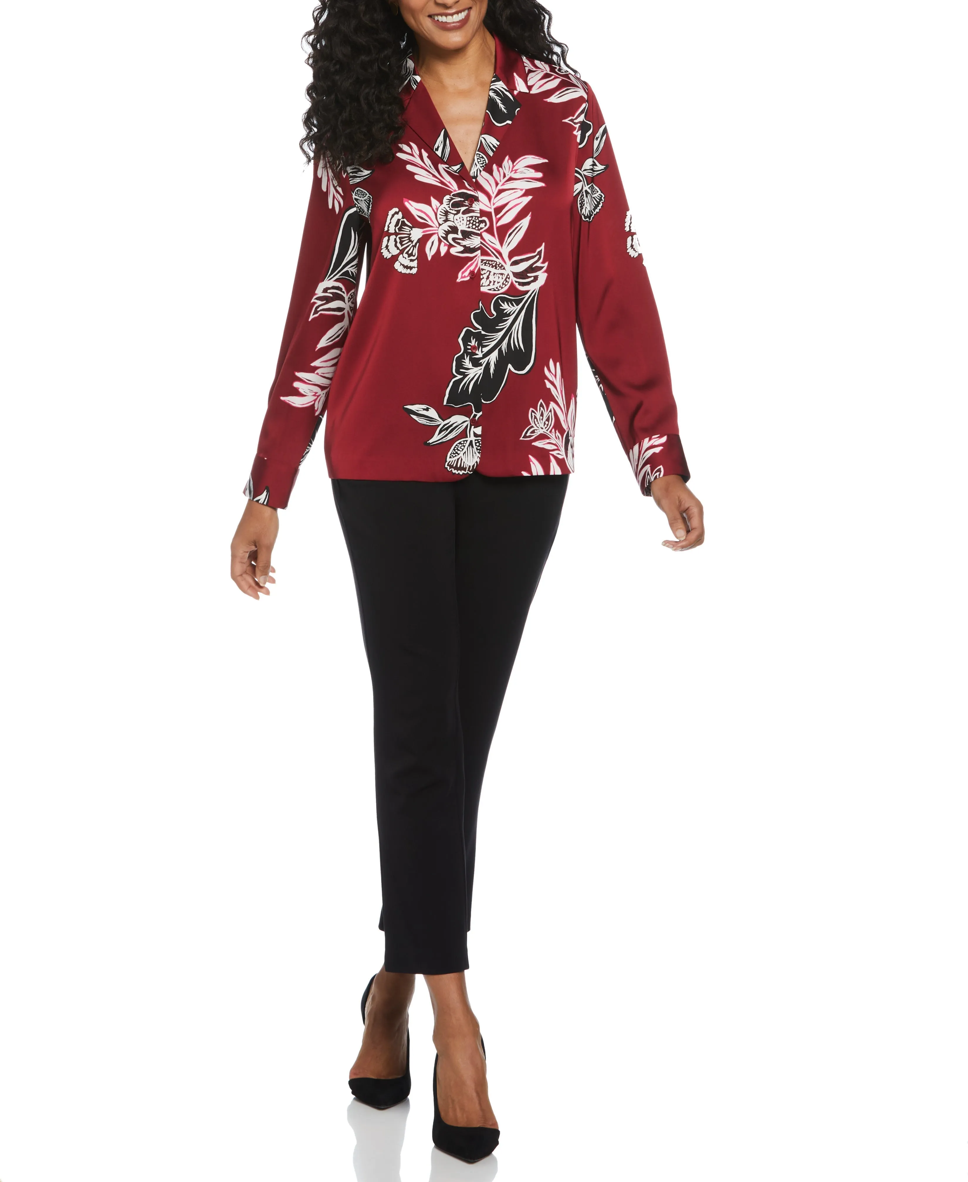 Floral Print Shine Satin Blouse Sweat Absorbent Inner Layer