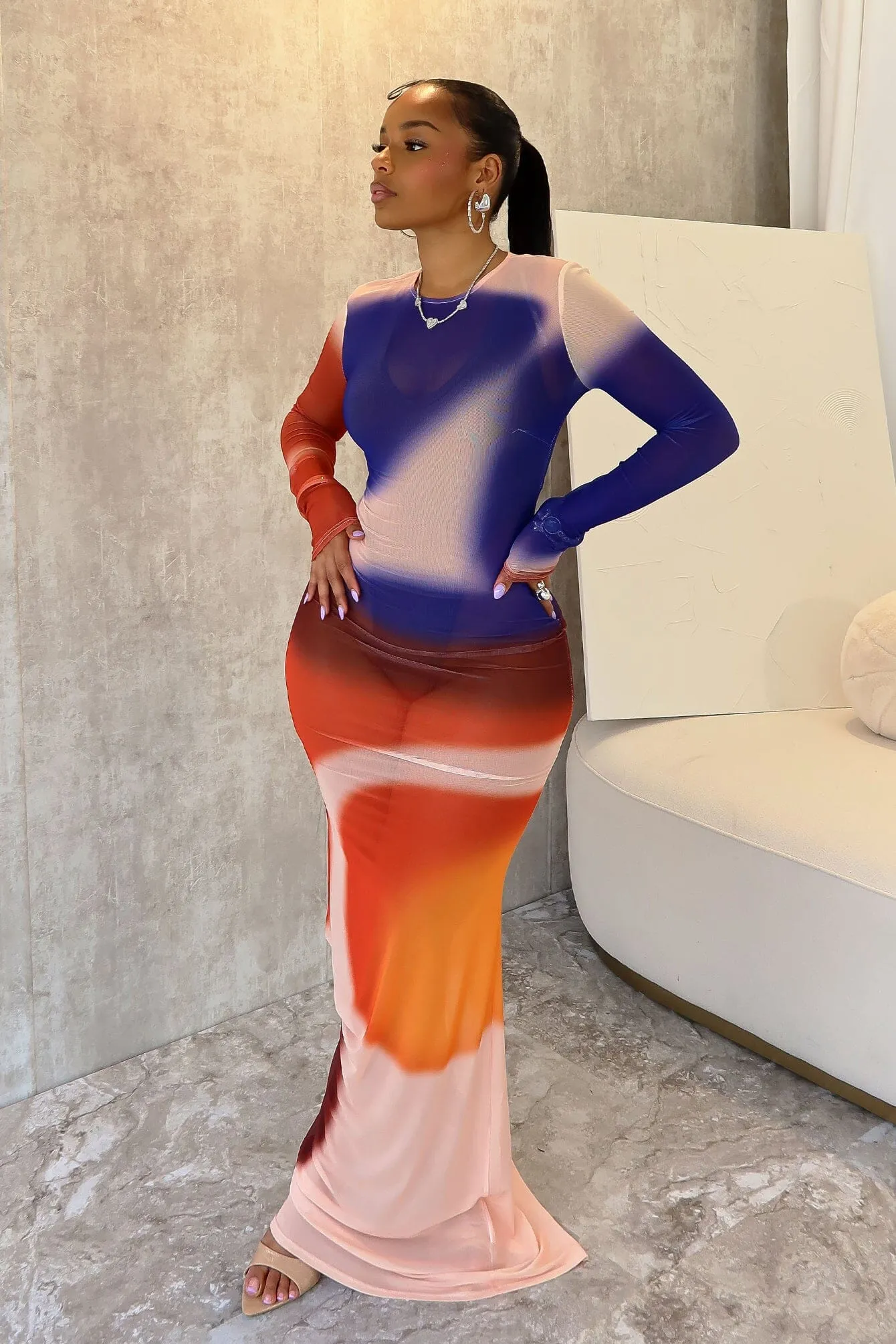 Zen Print Mesh Long Sleeve Maxi Dress Fashionable Layers Practical work-to-play piece