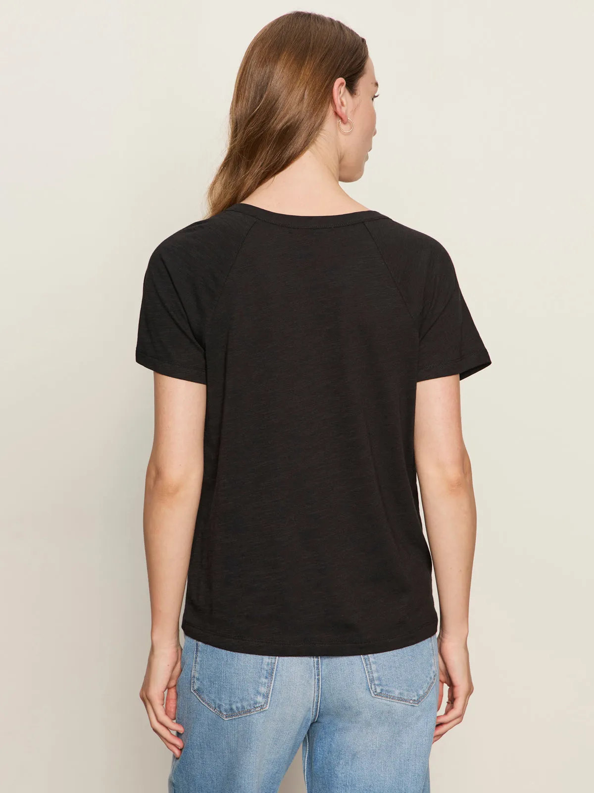 Notch Neck Tee Black Soft Cotton Blend Easy Care Material