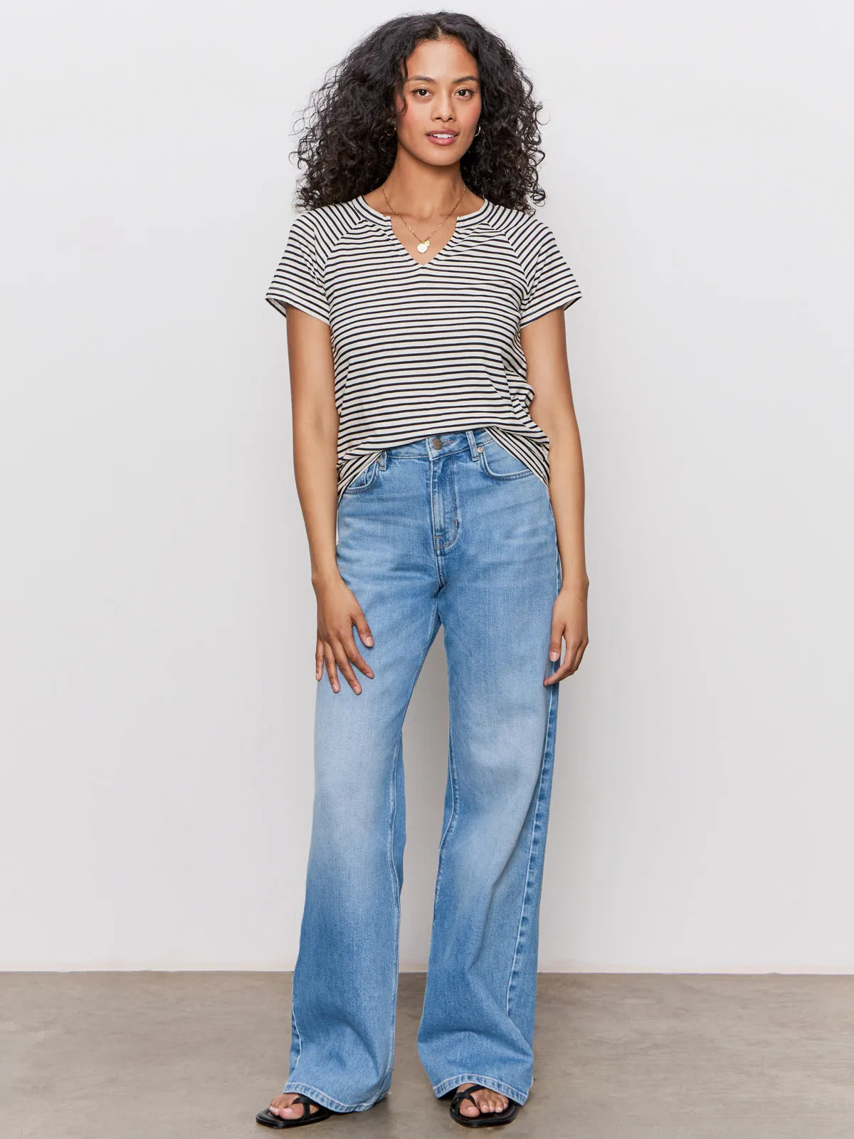 Notch Neck Tee Light Oat/Black Stripe ContrastPlacket Flattering Drape