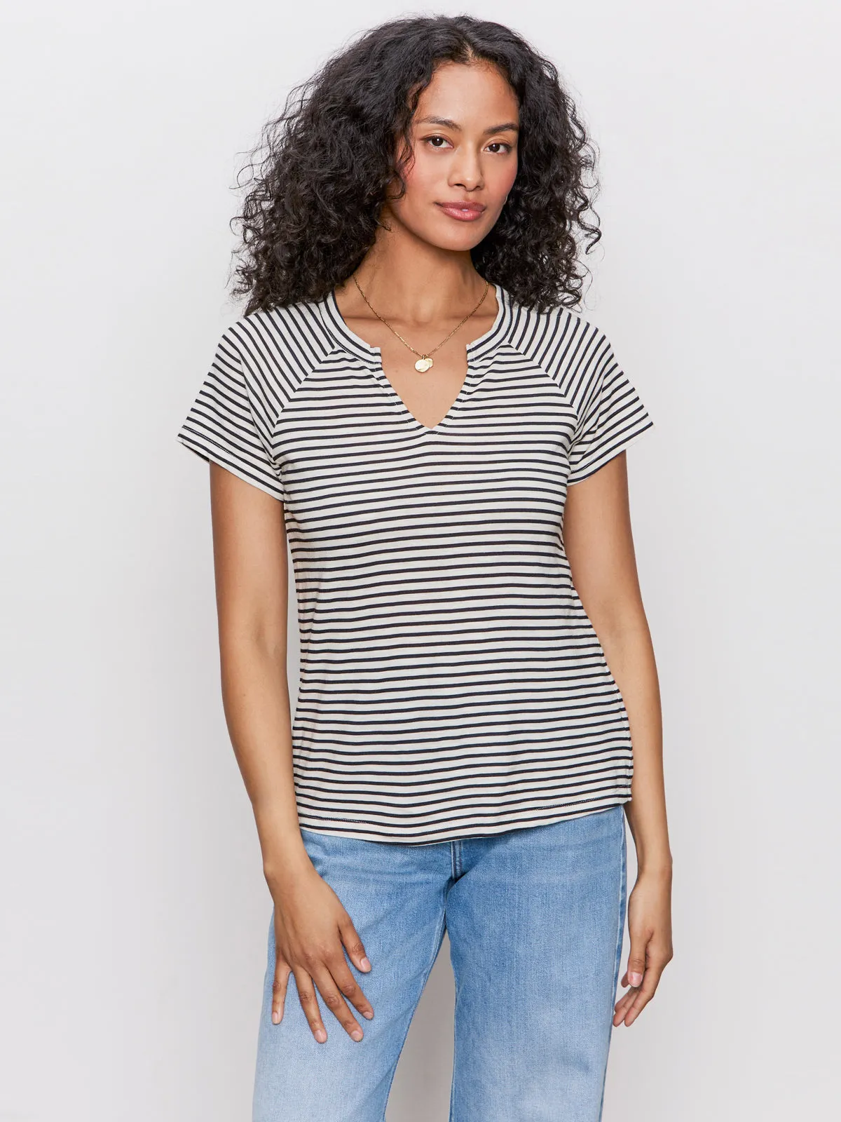 DroppedShoulder Active Tee Notch Neck Tee Light Oat/Black Stripe