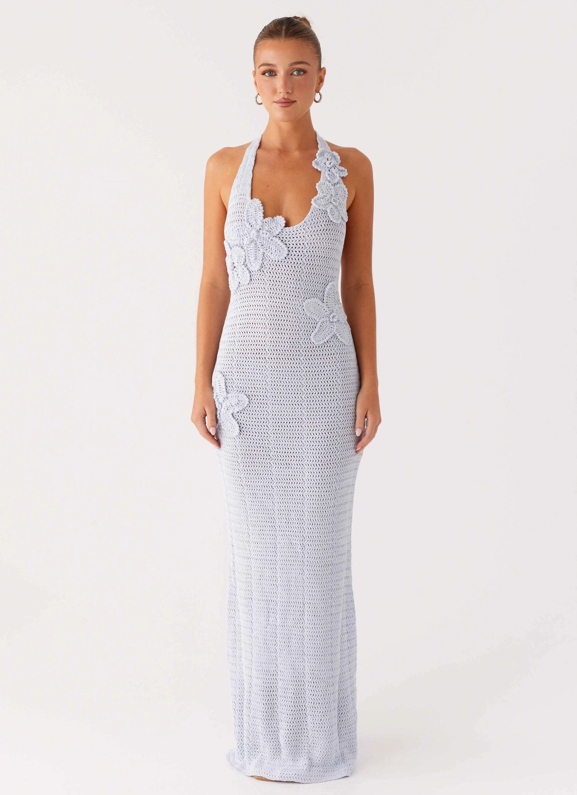 Vintage-Inspired Trendy Everyday Novalee Flower Crochet Maxi Dress - Blue