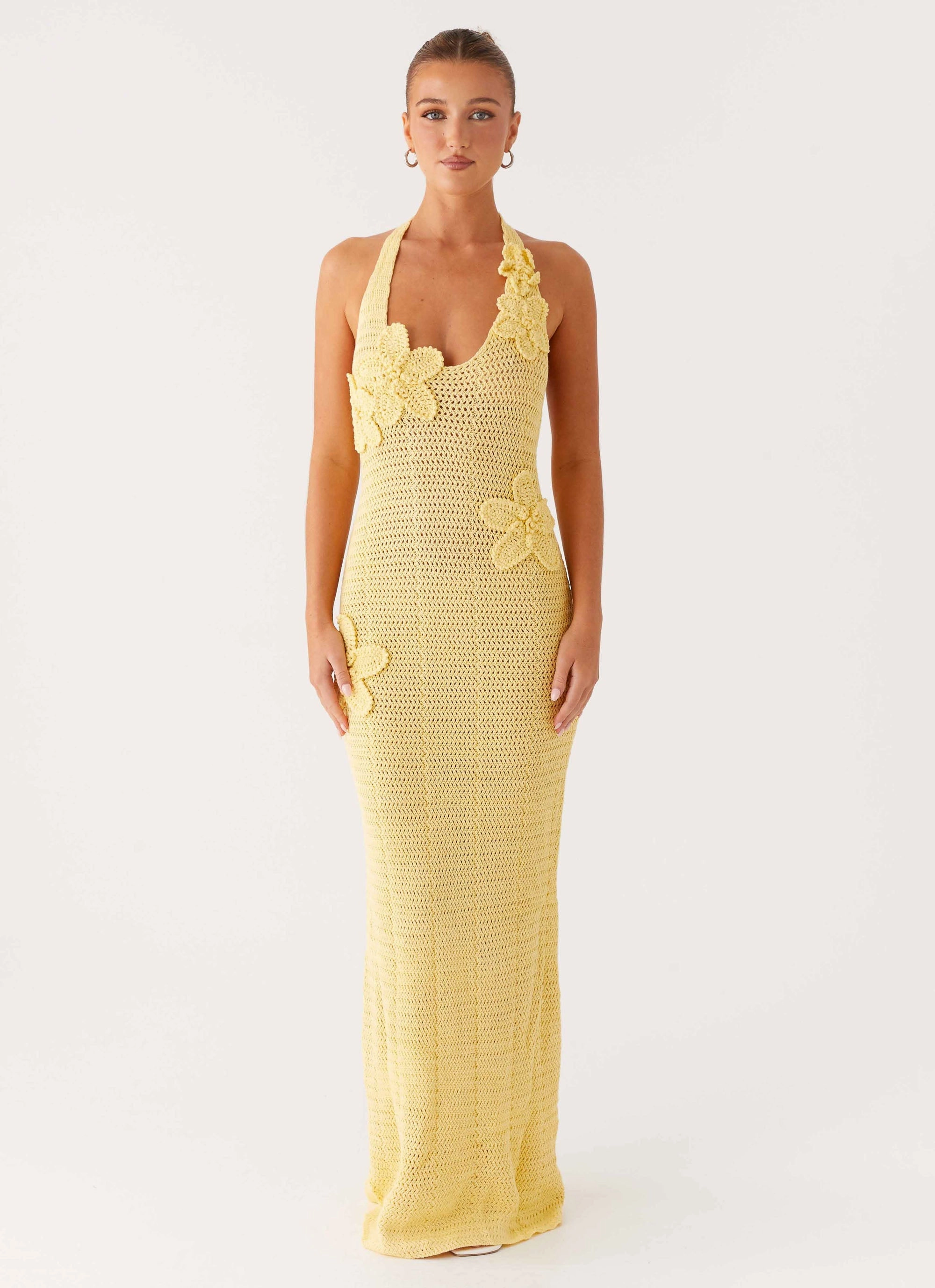 Bust-Enhancing Novalee Flower Crochet Maxi Dress - Yellow