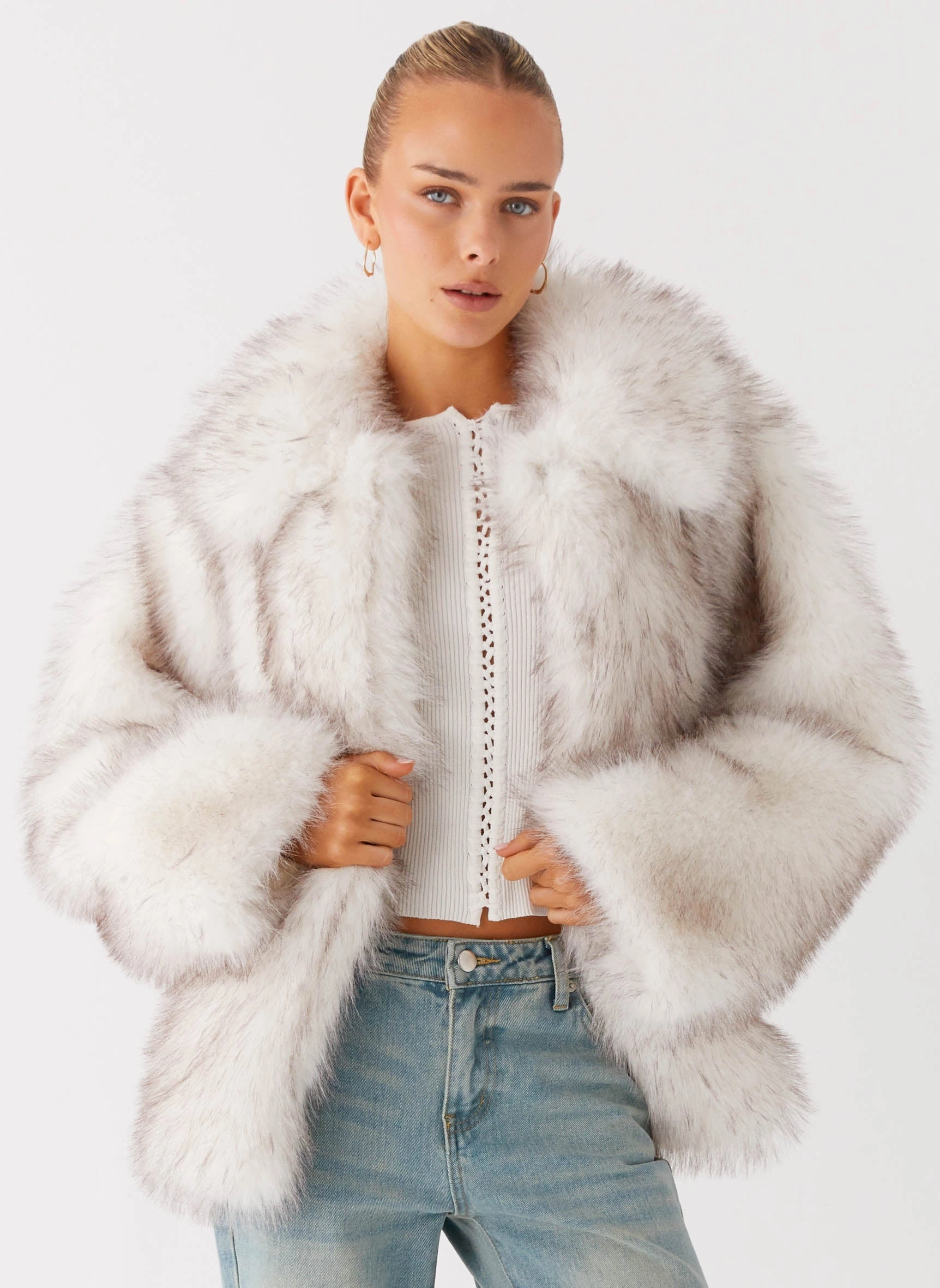 Novera Faux Fur Jacket - White Grey Taped Seams