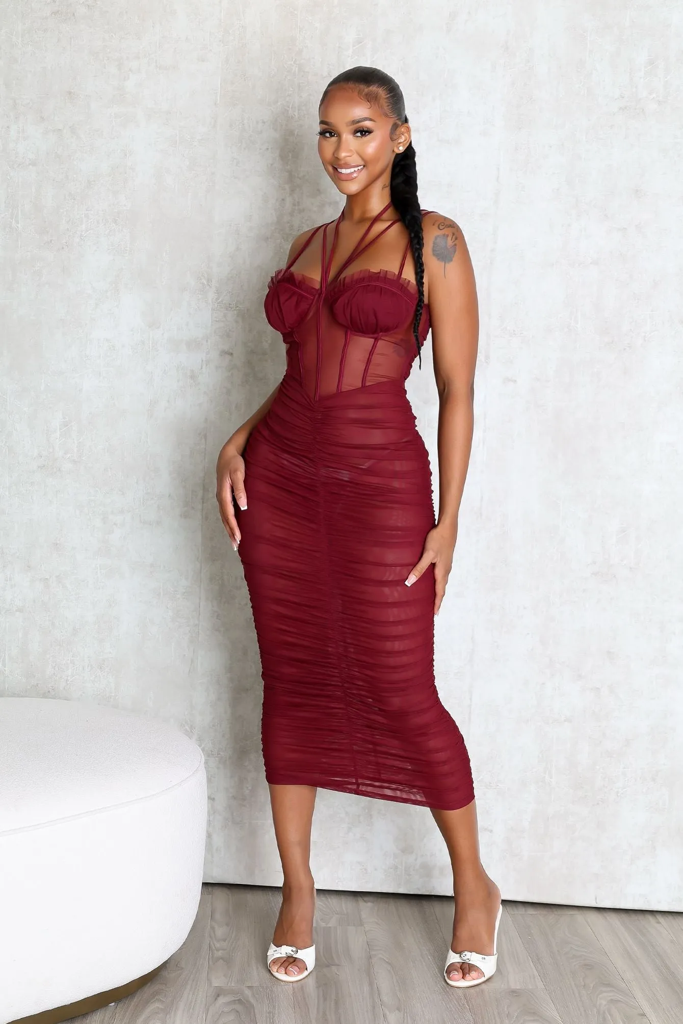 Obsession Mesh Ruched Dress Fluid movement