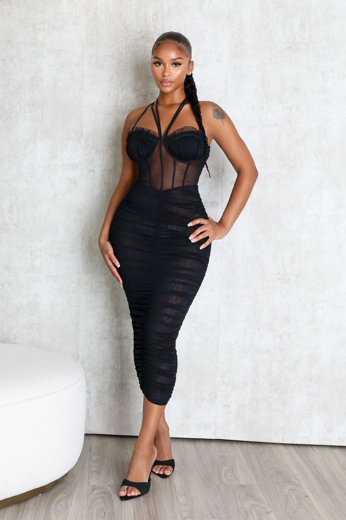 High Neck Comfy and Chic Obsession Mesh Ruched Dress