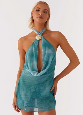 Travel Style Oceans Away Deep Cowl Mini Dress - Green Tie Dye