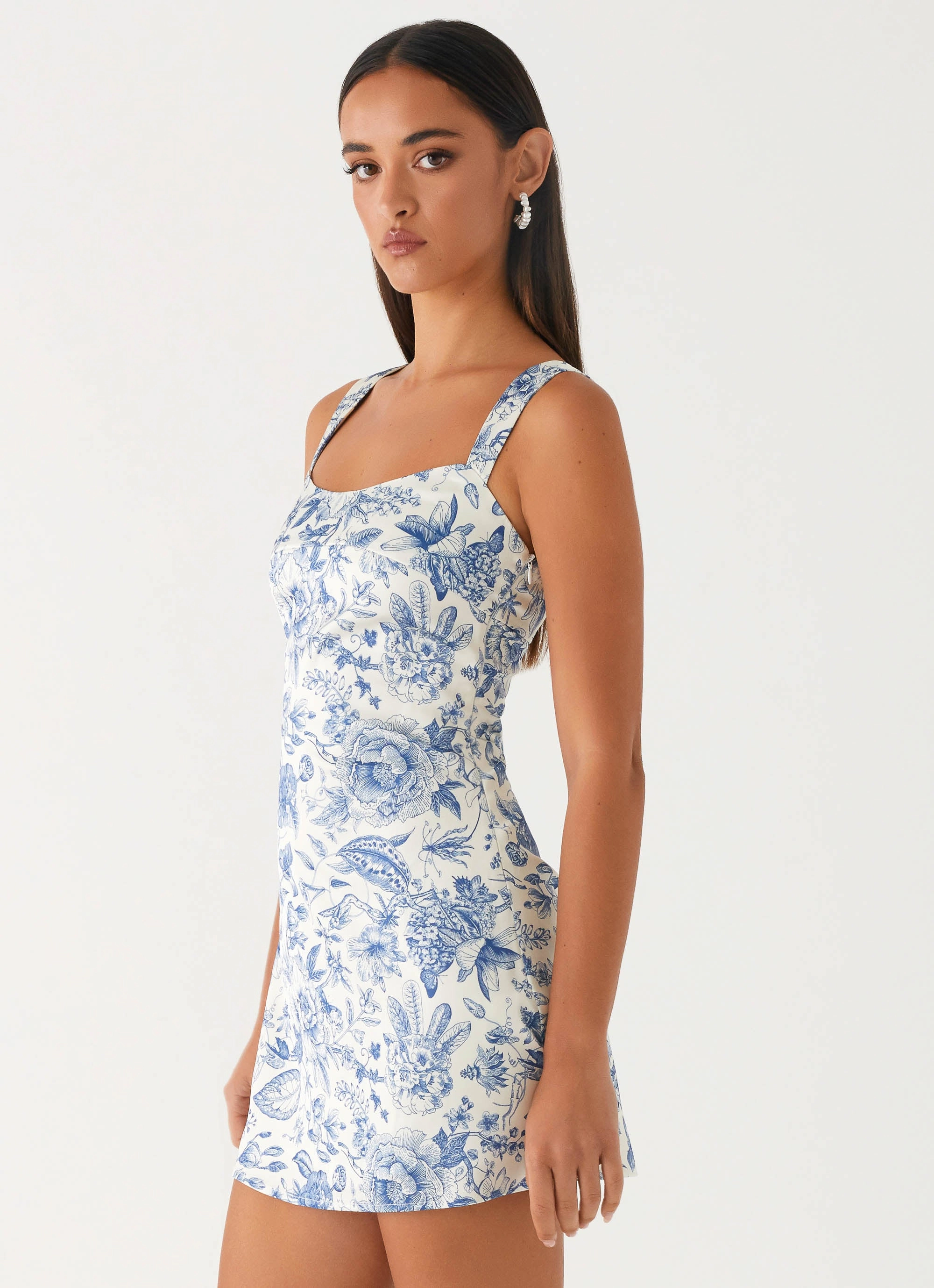 Odette Satin Mini Dress - Blue Paisley Soft Palette Comfort Waistline