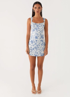 Odette Satin Mini Dress - Blue Paisley Machine washable