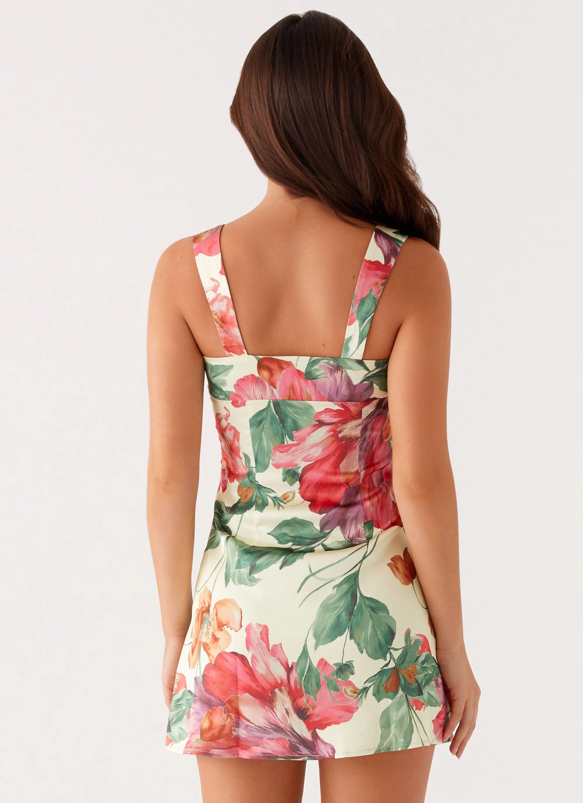 Odette Satin Mini Dress - Yellow Floral Weekend Look