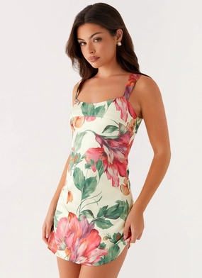 Refined Texture Odette Satin Mini Dress - Yellow Floral