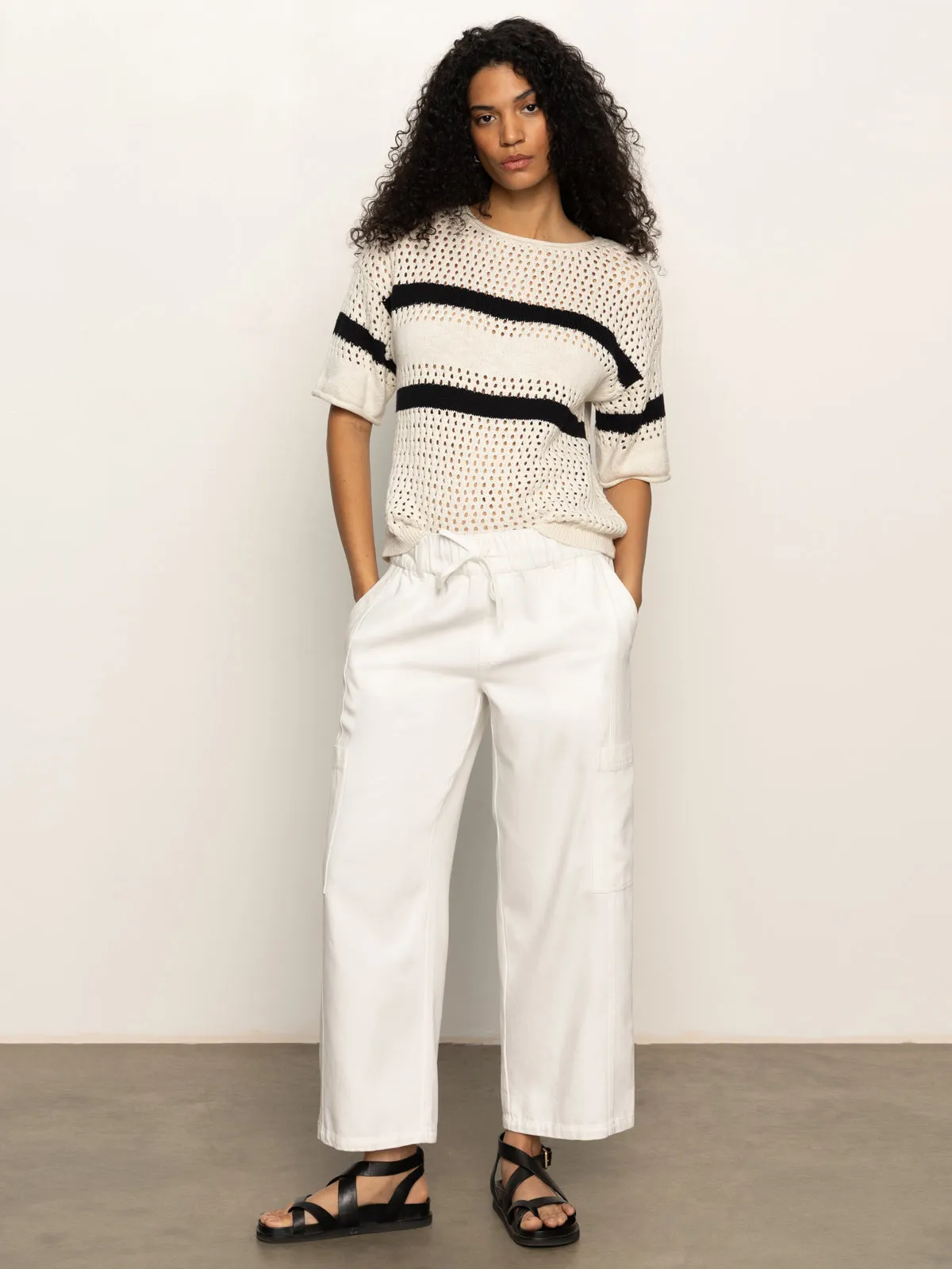 Layered Neckline Details ReflectiveTrimDetails Openwork Tee Black Chalk Stripe