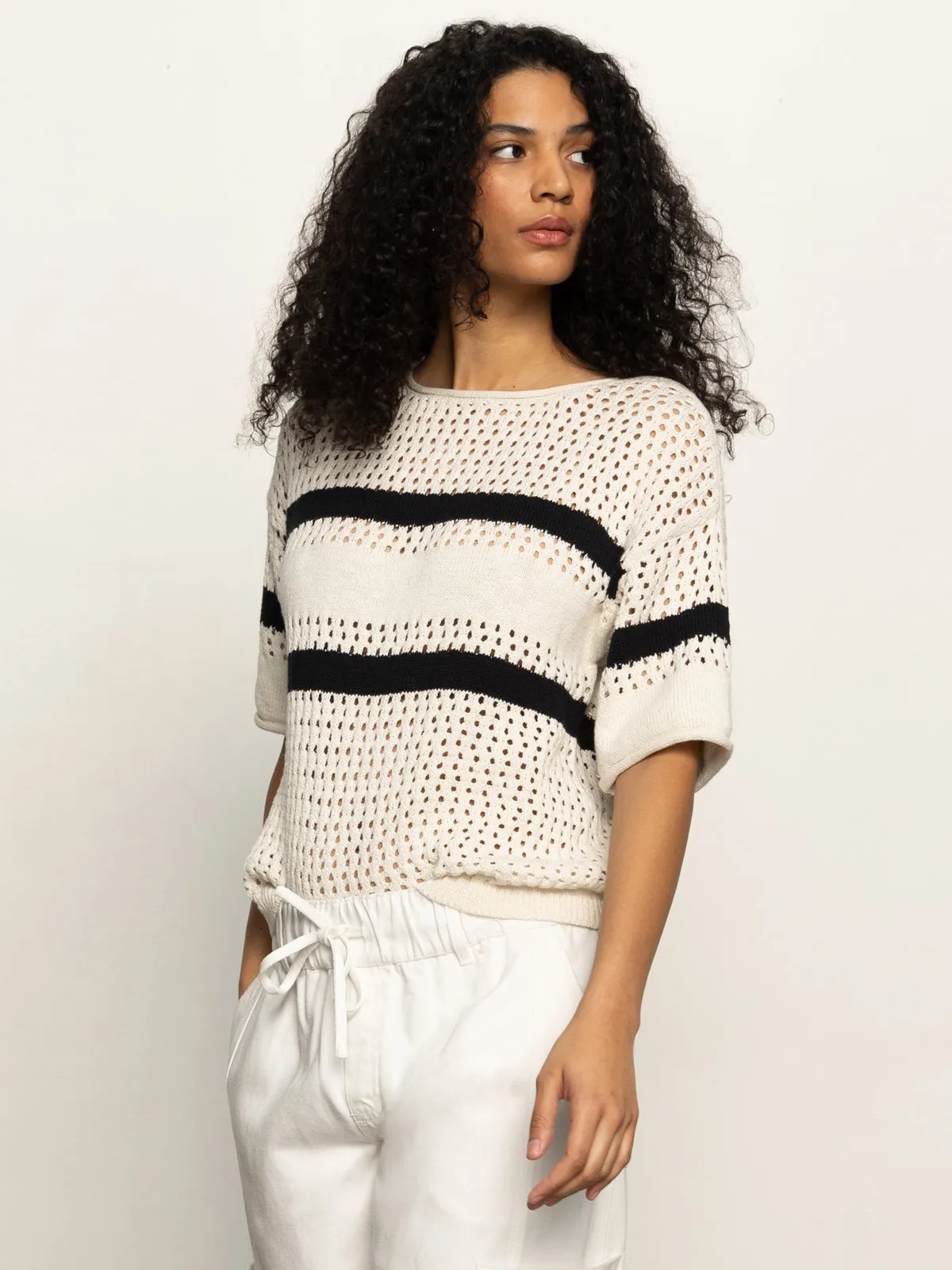 Openwork Tee Black Chalk Stripe Breathable Knit Fabric StretchFabric