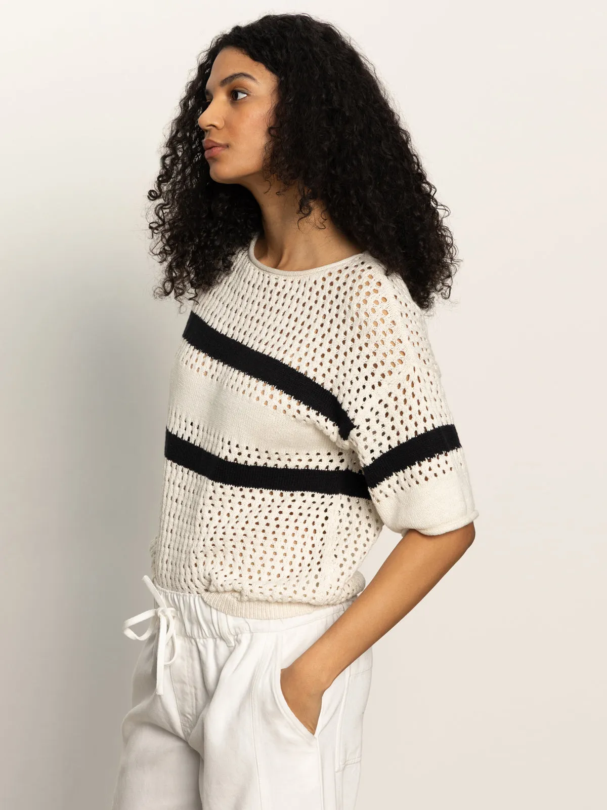 QuickDry Earthy Tone Colorways Openwork Tee Black Chalk Stripe