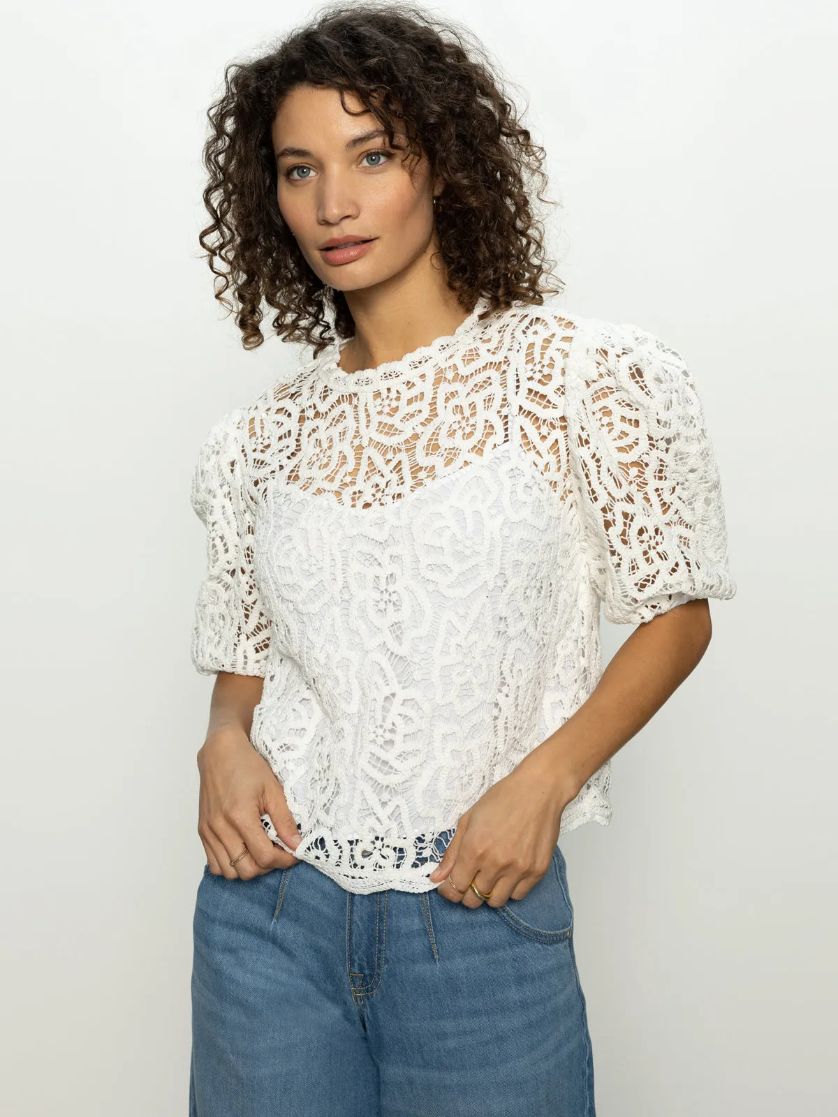 Cherished Lace Tee White Compact Thermal Insulation HighDensity Weave
