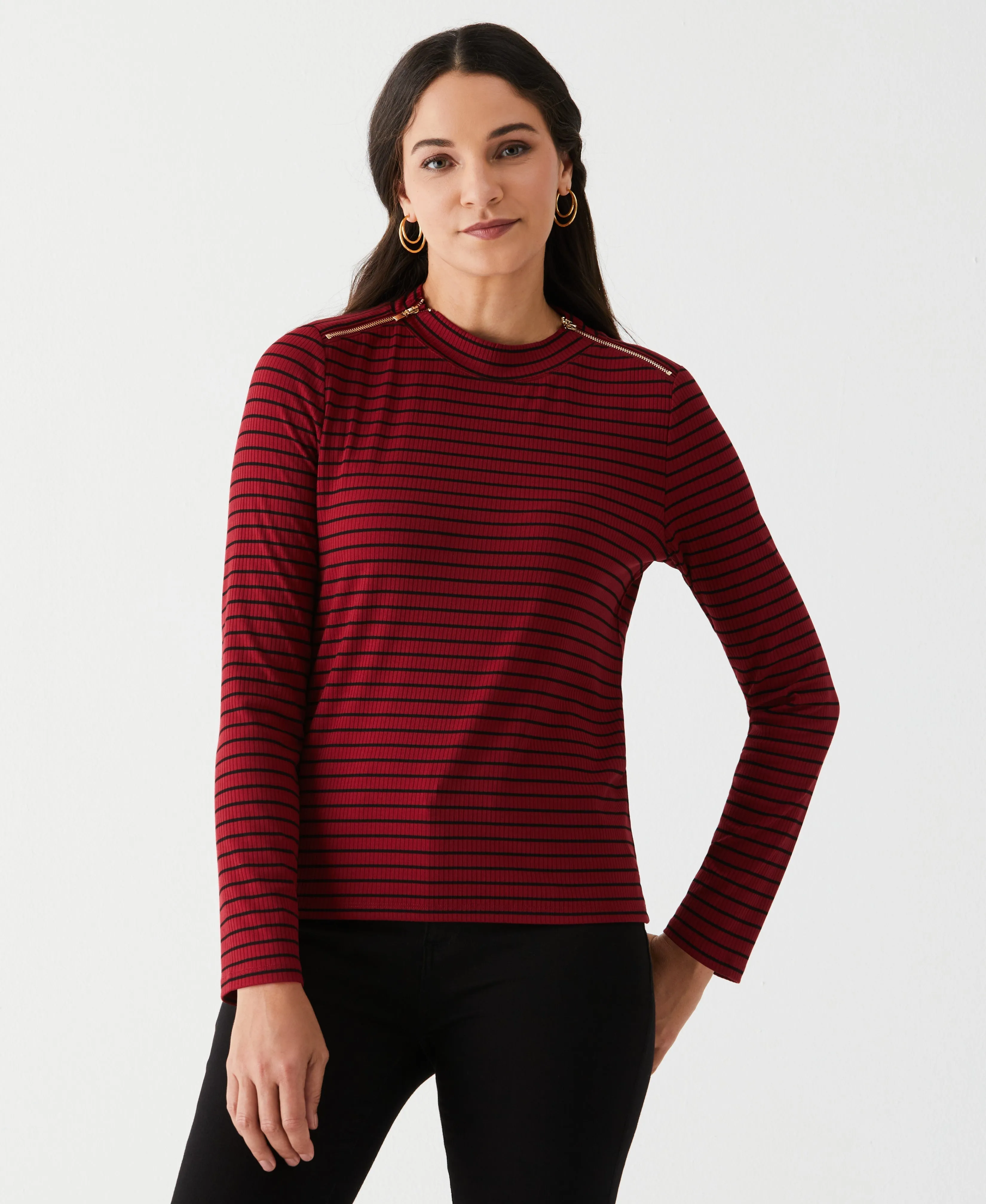 RibbedNeckline Regular Fit Striped Tee with Zipper Detail