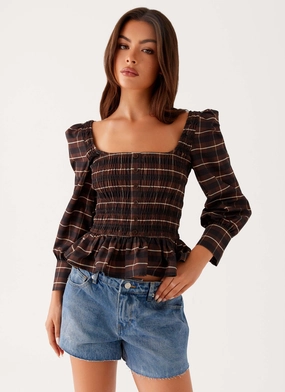 Joyce Long Sleeve Shirred Top - Chocolate Check Lightweight Thermal TearResistant