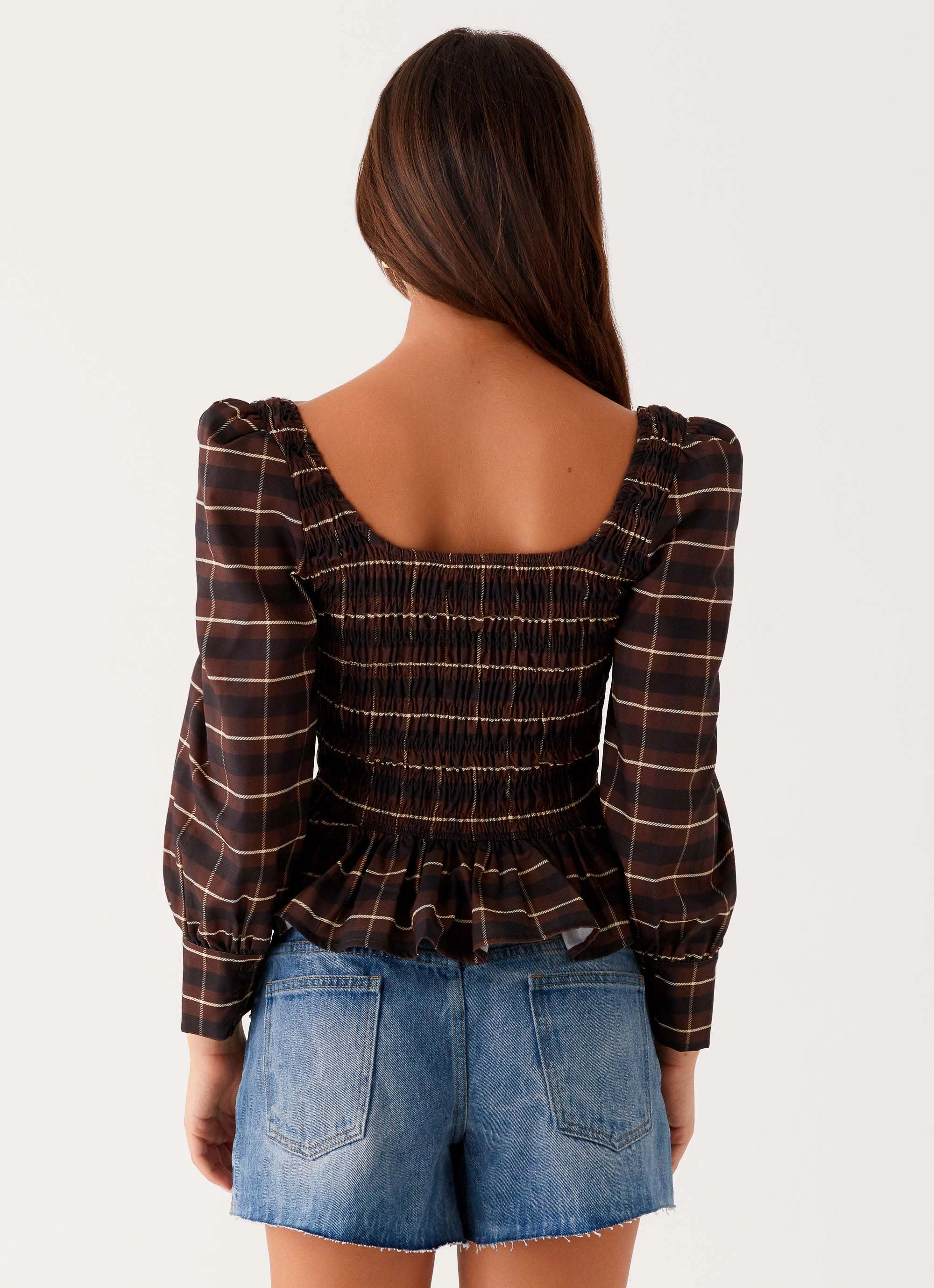 Joyce Long Sleeve Shirred Top - Chocolate Check Light Reflective Printing Sustainable Manufacturing