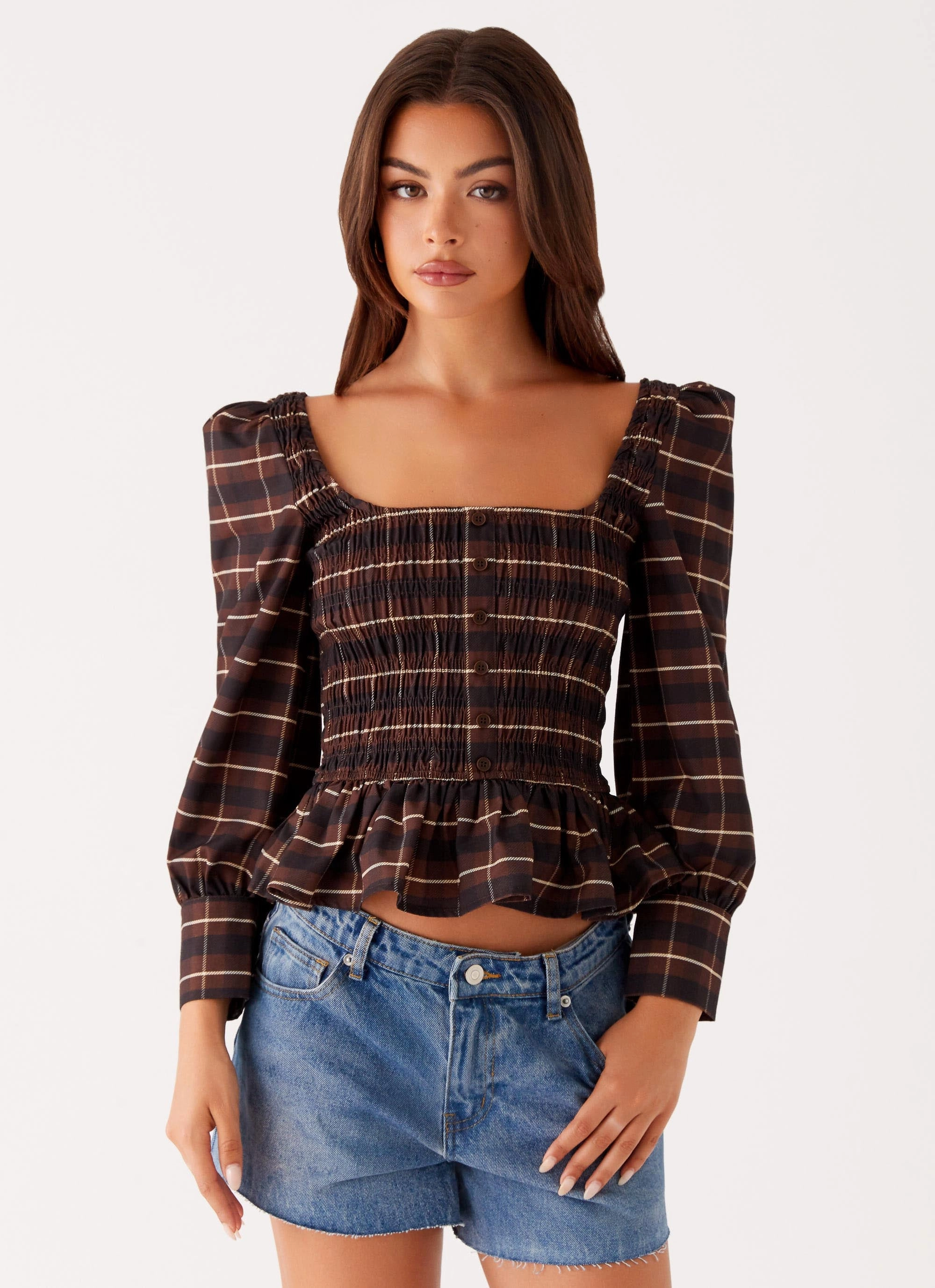Joyce Long Sleeve Shirred Top - Chocolate Check LayeredPanel
