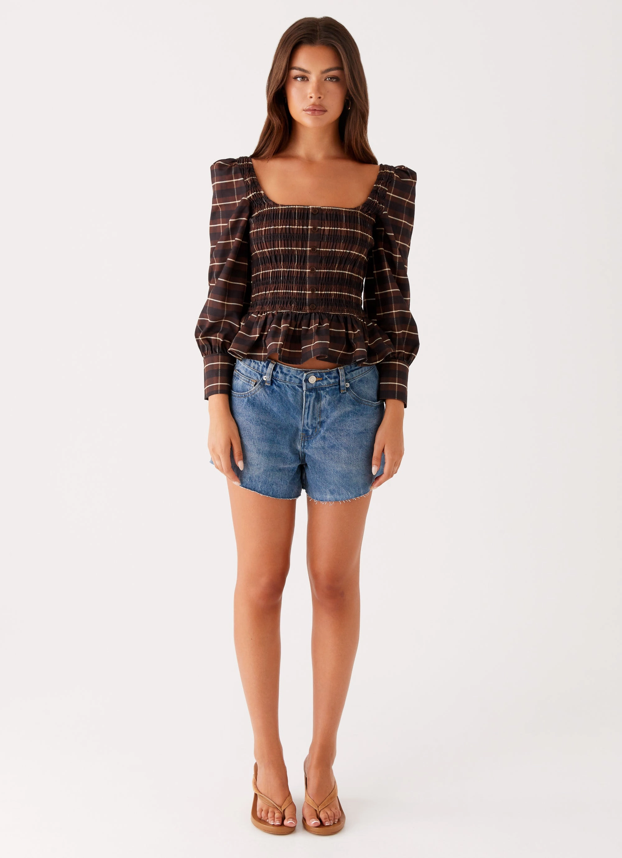 Joyce Long Sleeve Shirred Top - Chocolate Check Durable Stitch Pattern