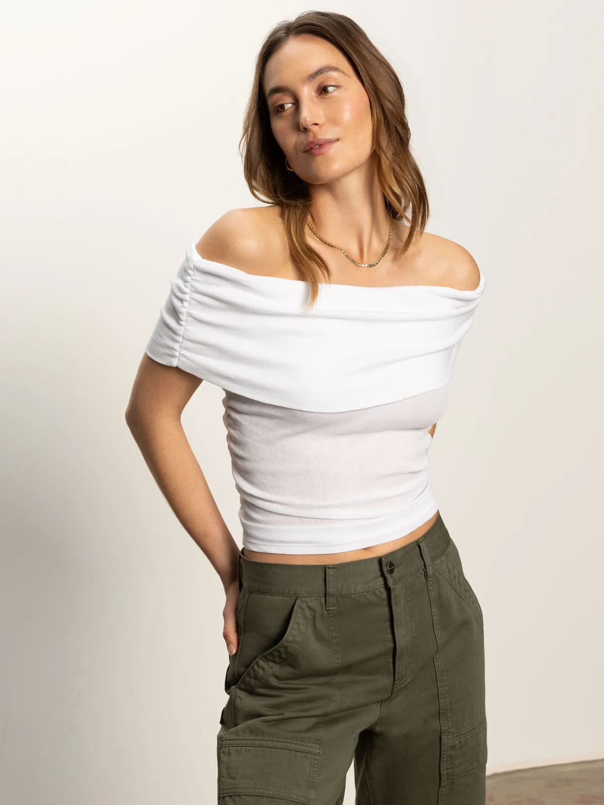Off Shoulder Rib Tee White DualLayer Weave NonChafe Tag Placement