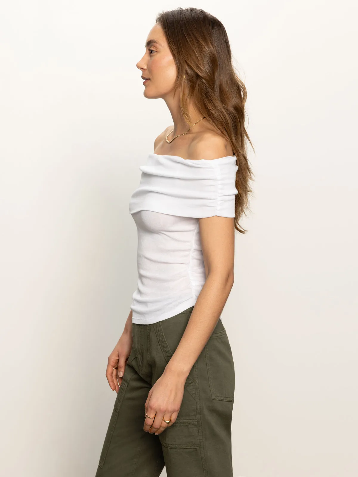 ReflectiveTrimDetails NonToxic Certification Off Shoulder Rib Tee White