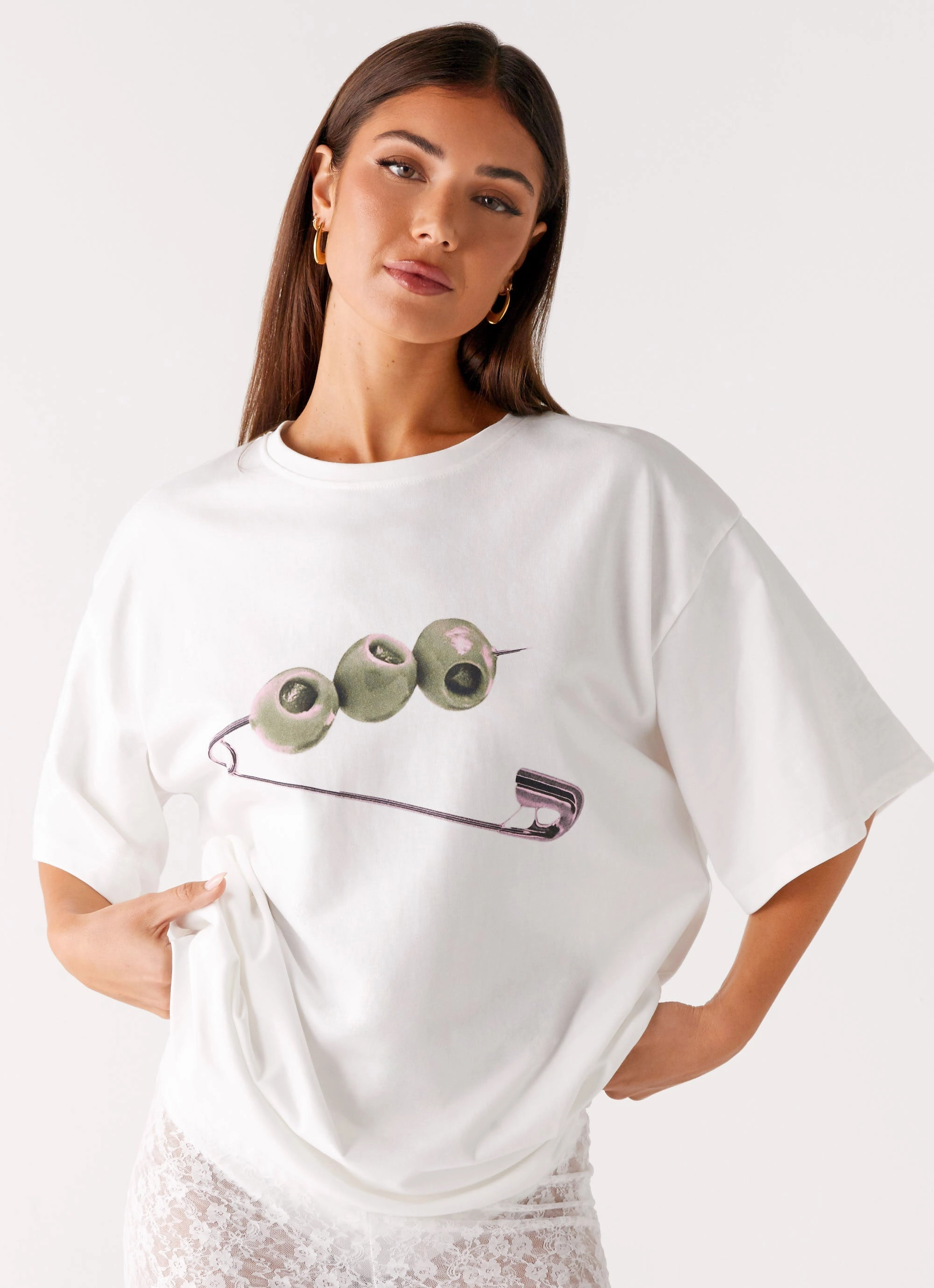 Asymmetrical hem Olive Oversized Tee - White