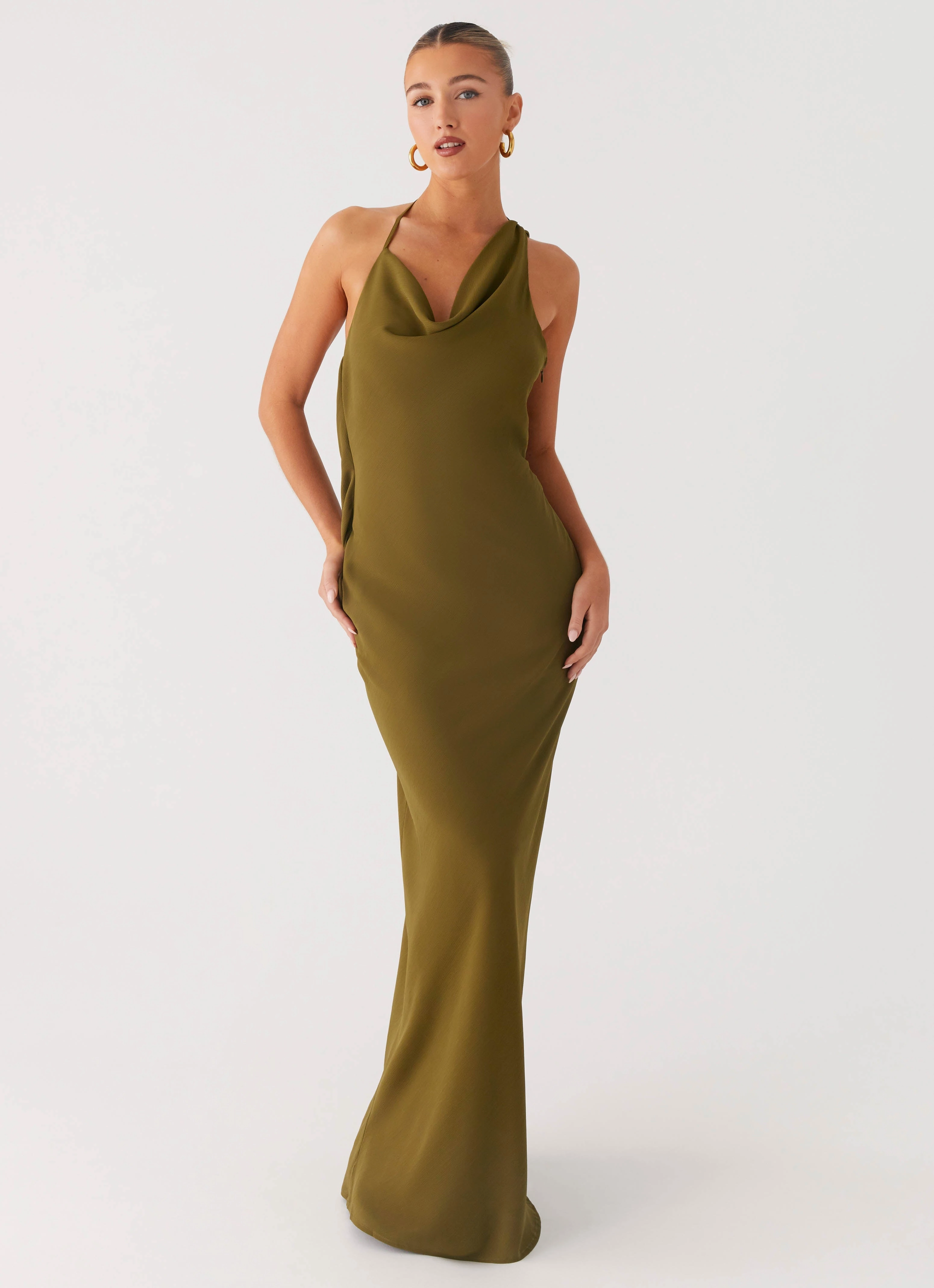 Opal Glow Maxi Dress - Khaki Flexible Fabric Sage Detail
