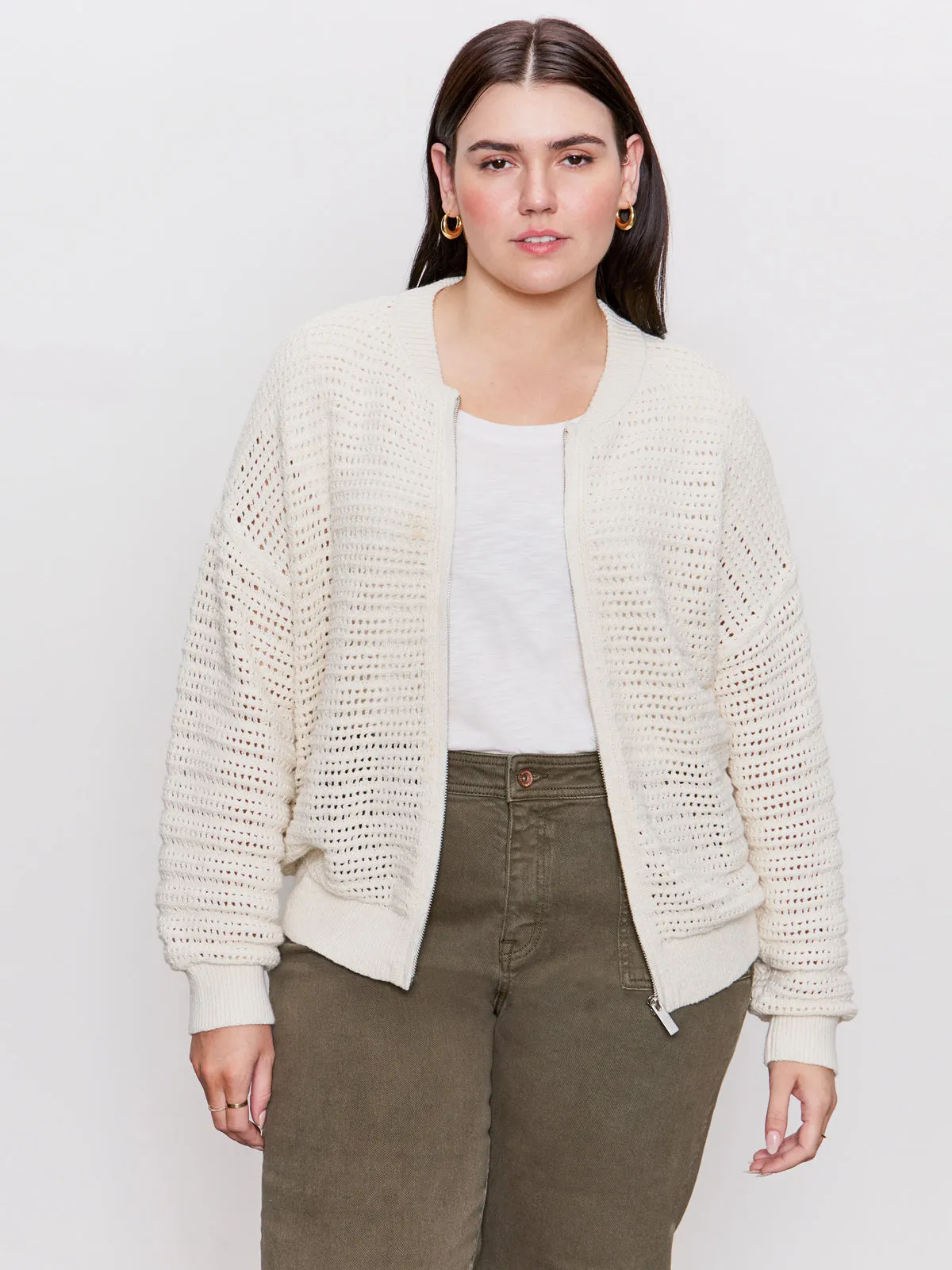 Multi Panel Cut EthicallySourced Open Knit Bomber Jacket Chalk Extended Sizing