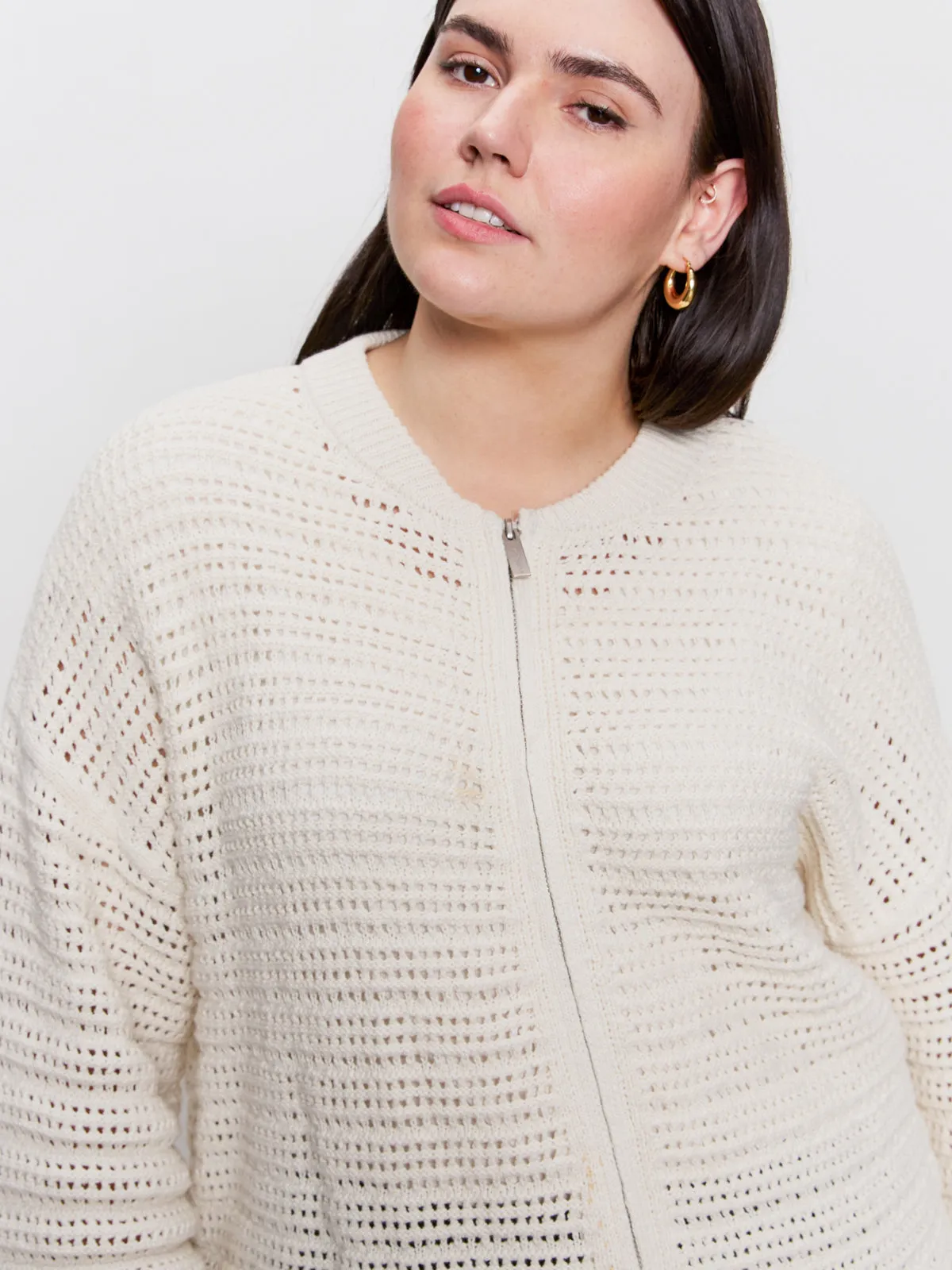 Minimalist Stitching Open Knit Bomber Jacket Chalk Extended Sizing