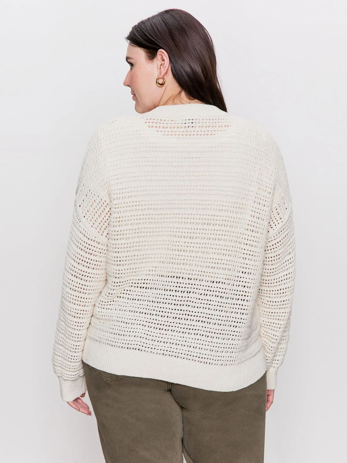 High Neckline Resilient Fabric Blend Open Knit Bomber Jacket Chalk Extended Sizing