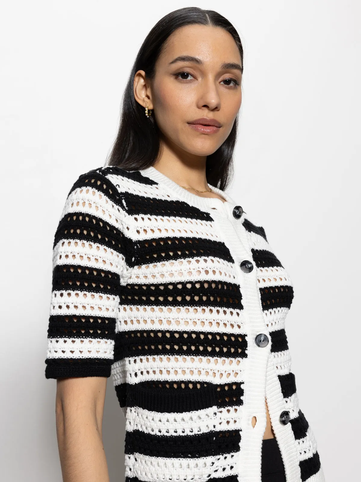 Durable Binding Open Knit Sweater Jacket Chalk / Black Stripe