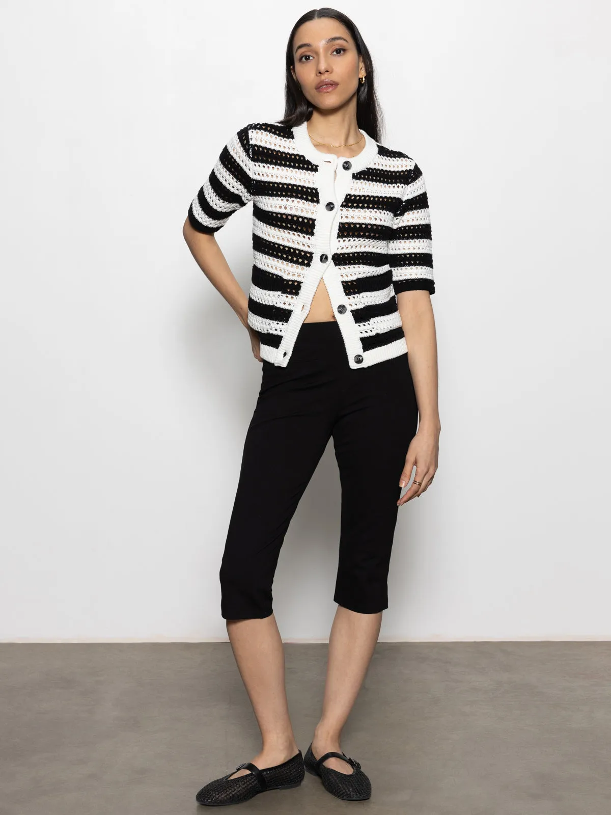 ContrastStitching VNeckline Open Knit Sweater Jacket Chalk / Black Stripe