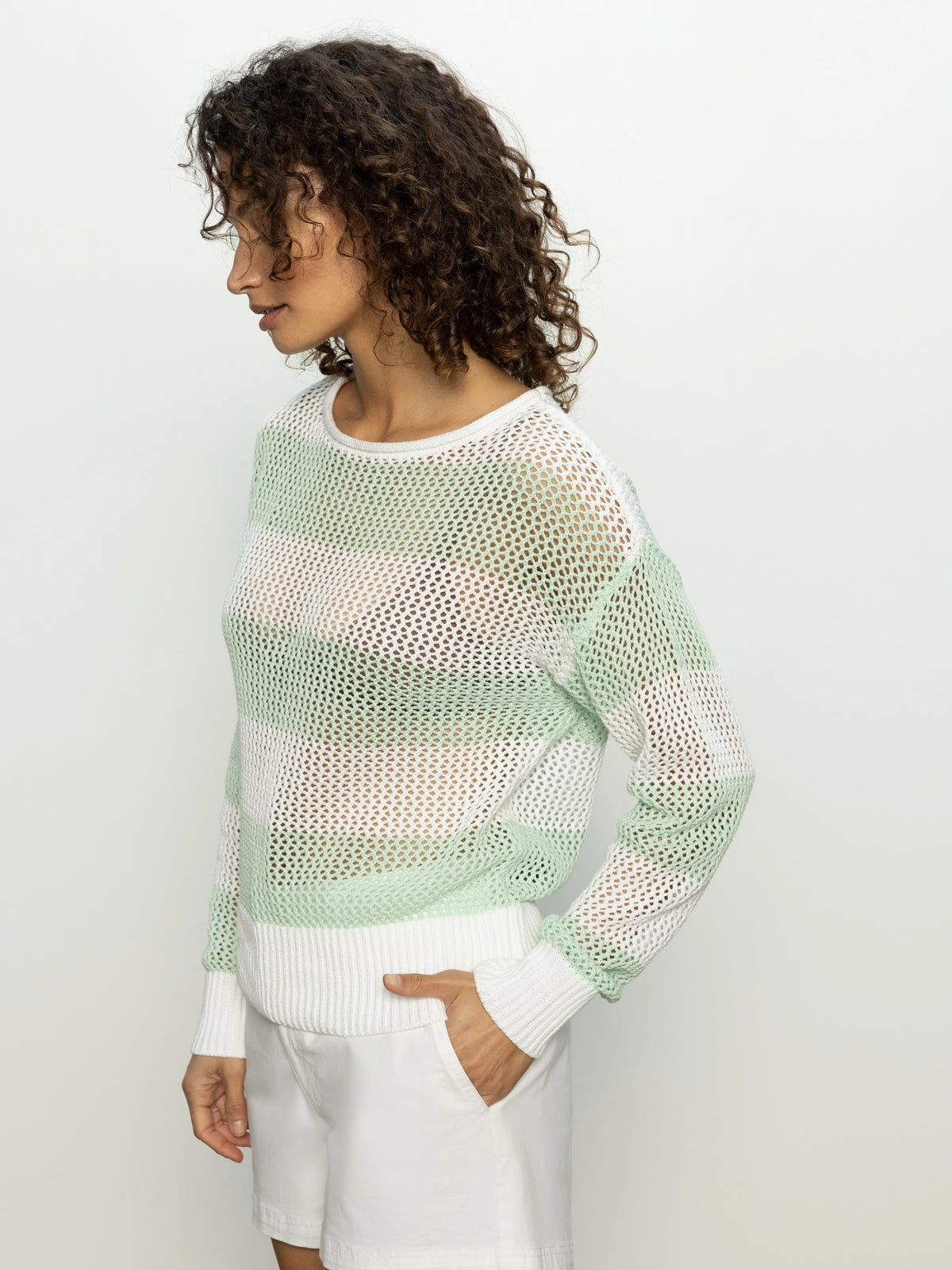 Open Knit Sweater Mint Tea / Chalk UltraSoftInterior Compact Jacquard Weave