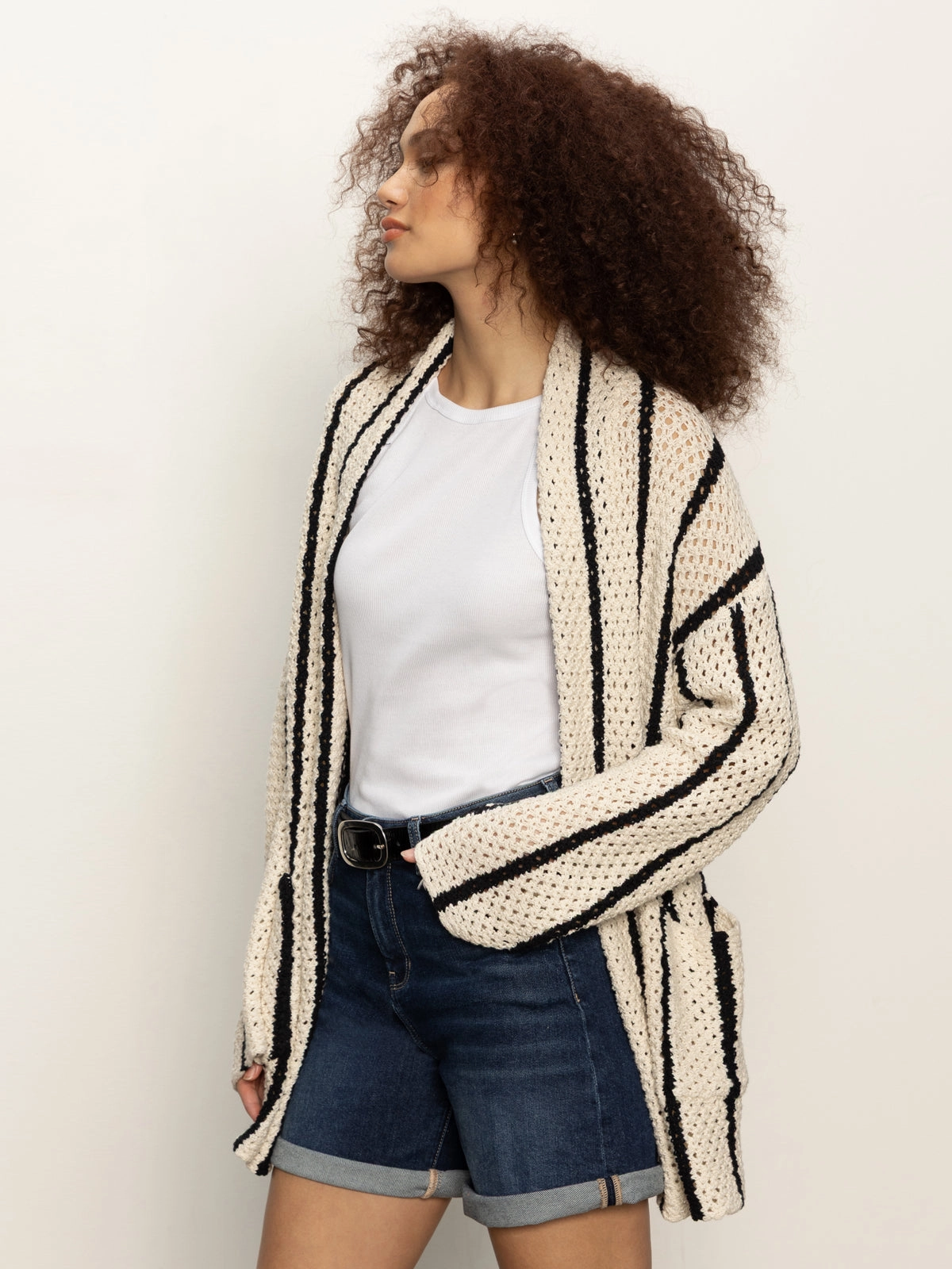 Openwork Beach Cardi Chalk Black Stripe Snag Proof Weave
