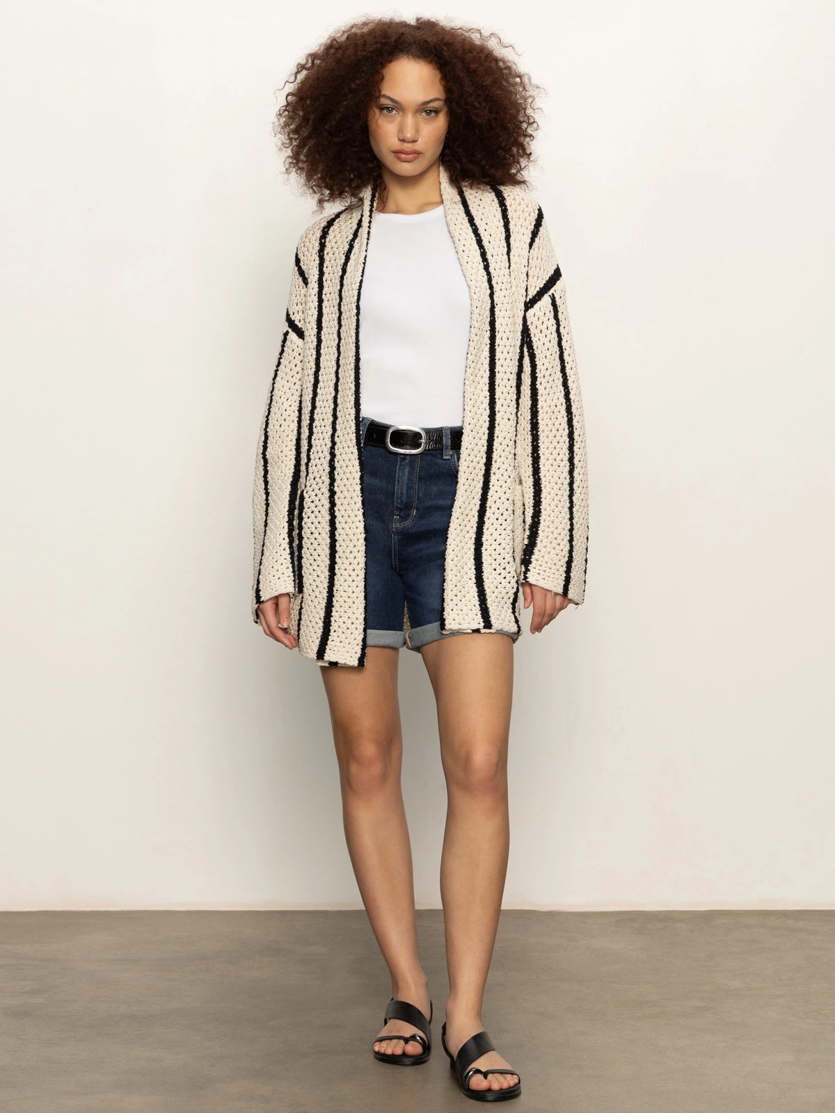 LongLastingDurability Openwork Beach Cardi Chalk Black Stripe