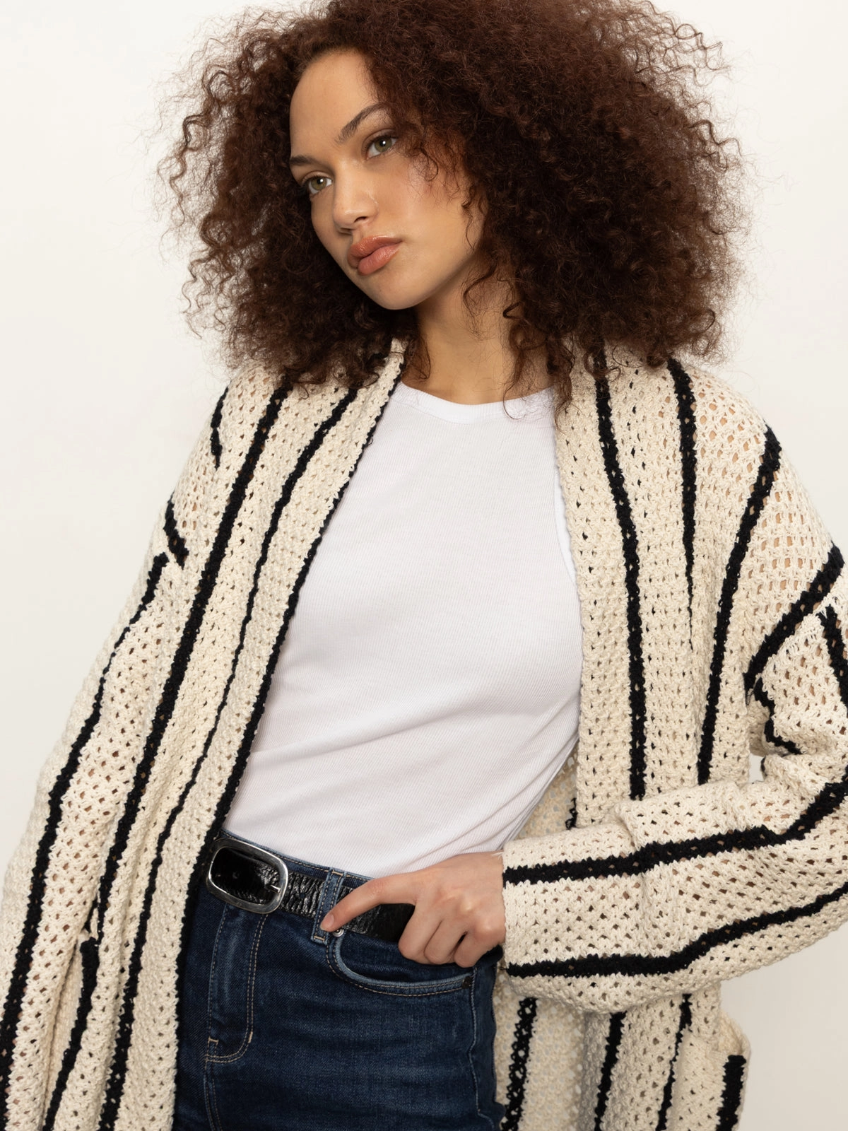 Openwork Beach Cardi Chalk Black Stripe QuickReleaseFastenings